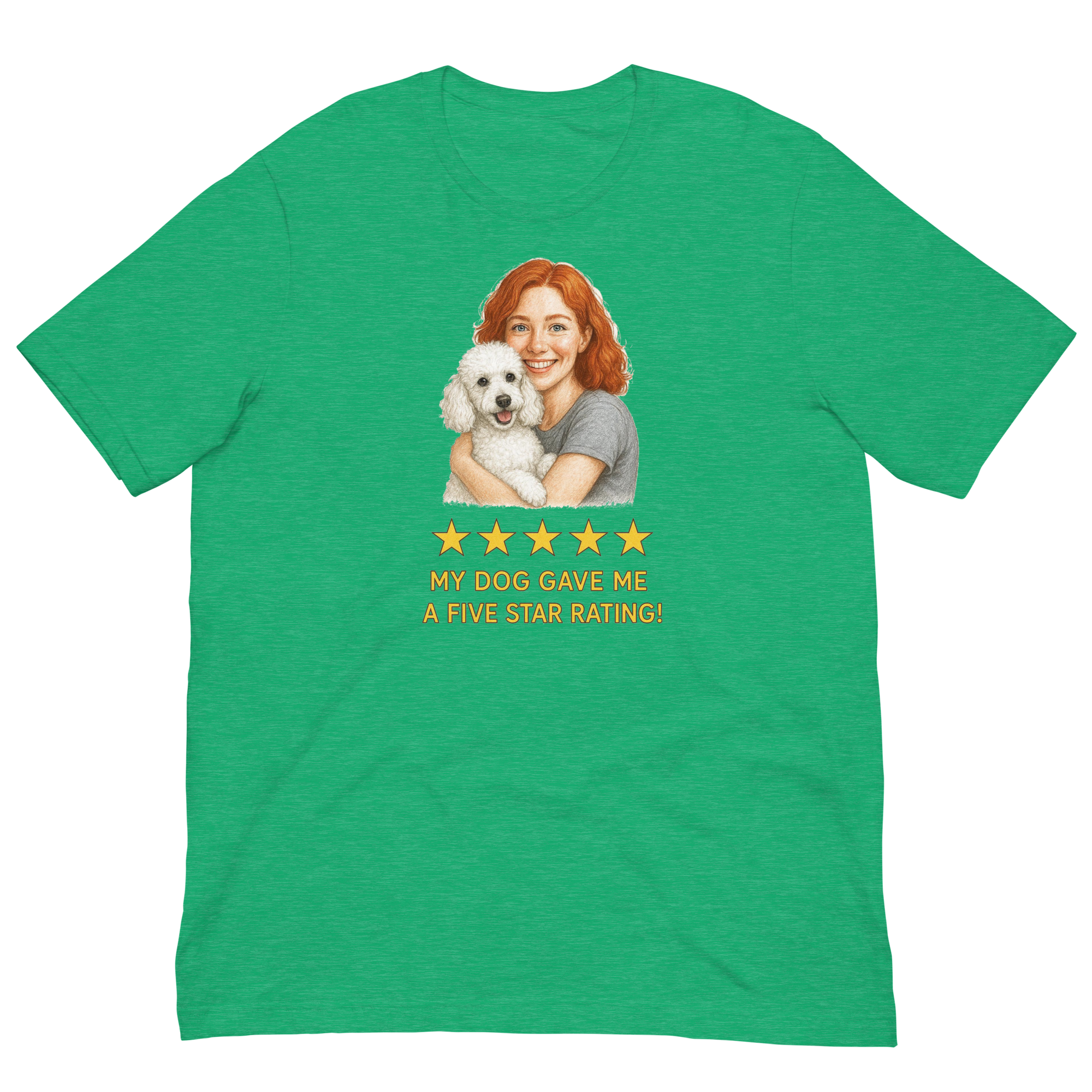 Red Hair Woman with White Poodle graphic tee.