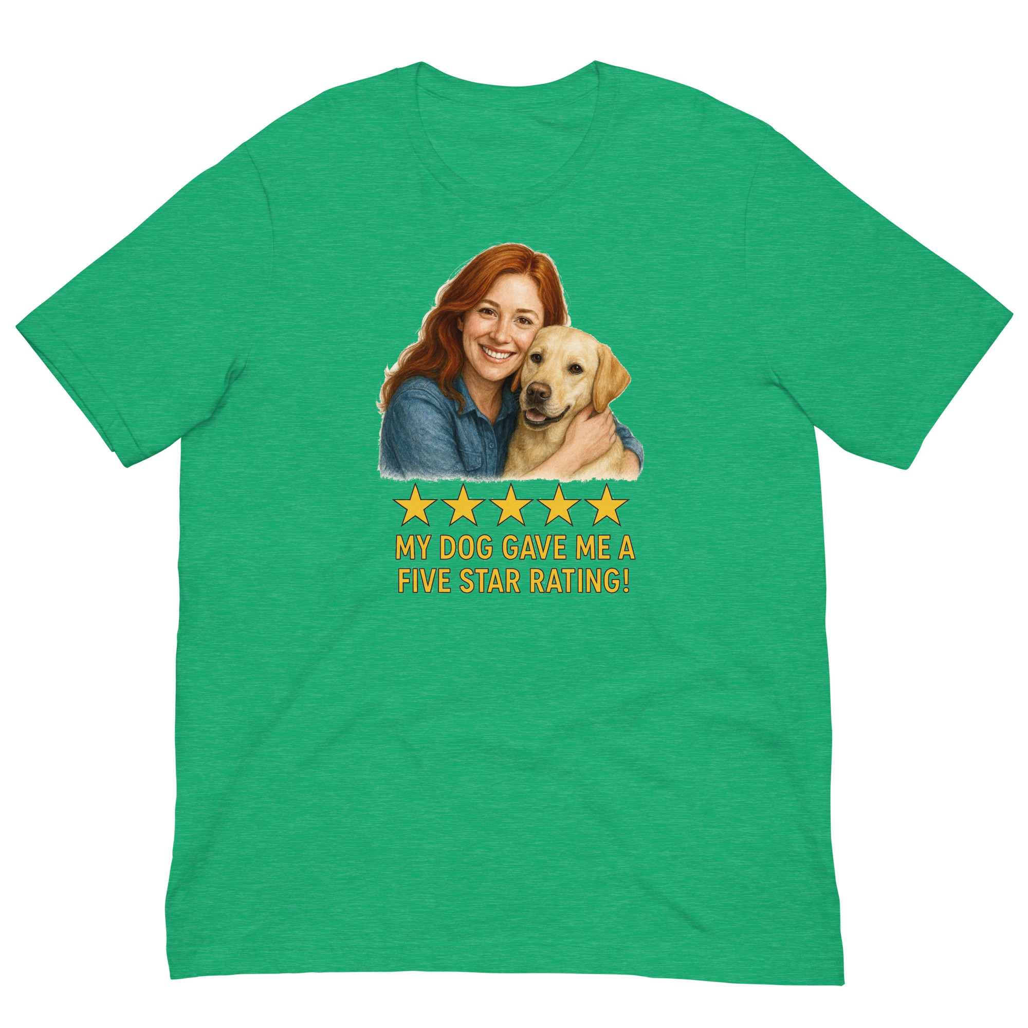 Red Hair Woman with Yellow Labrador graphic tee.