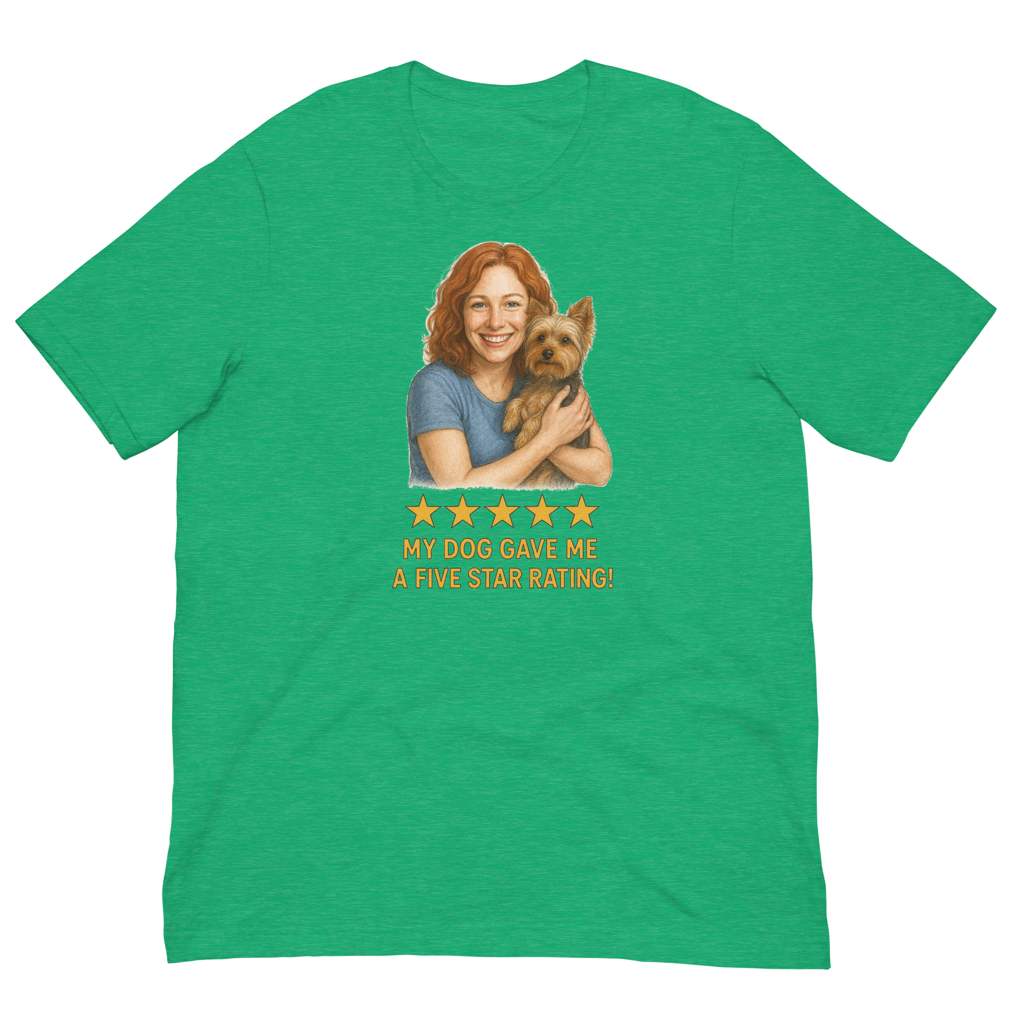 Red Hair Woman with Yorkie graphic tee.