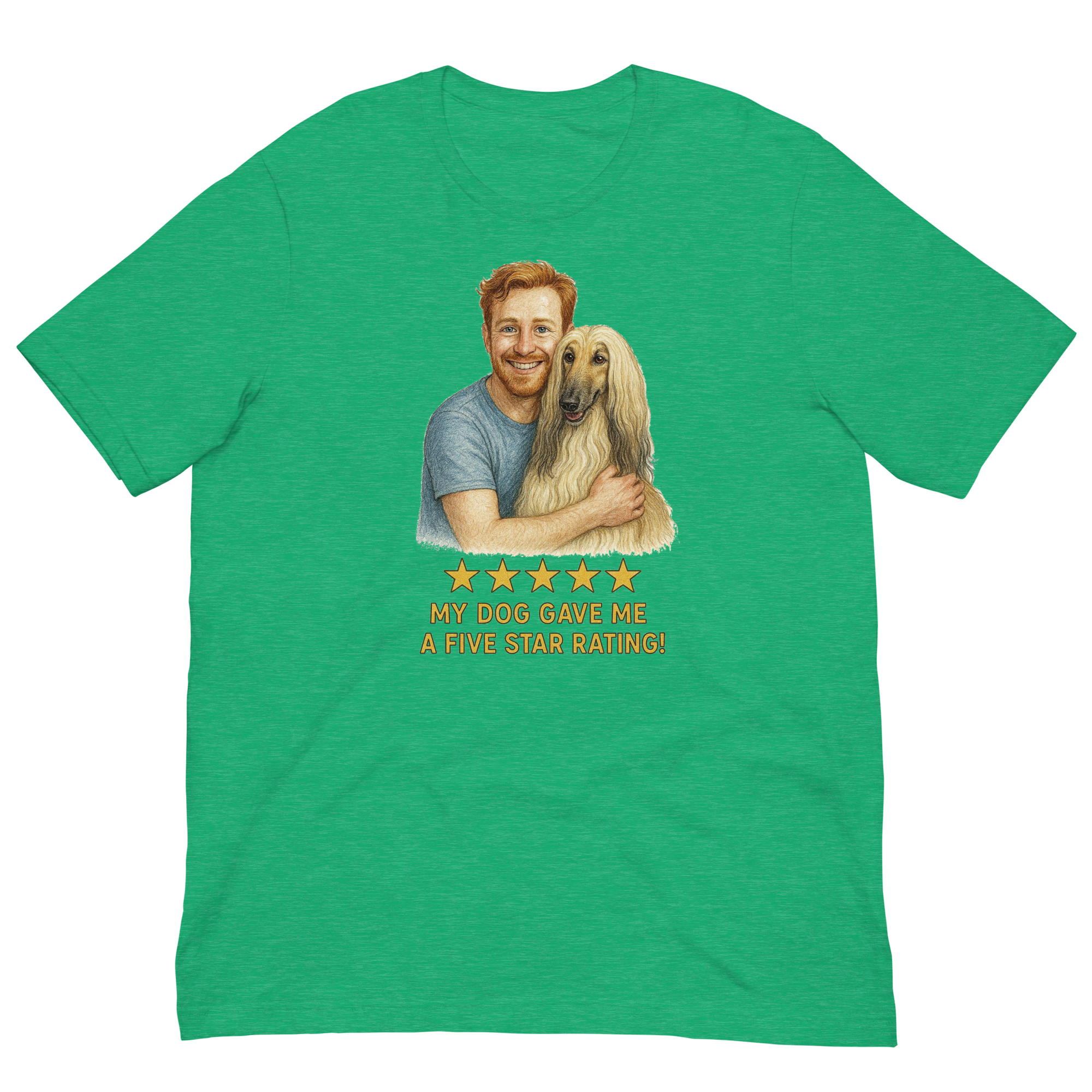 Red Hair Man with Afghan Hound graphic tee.
