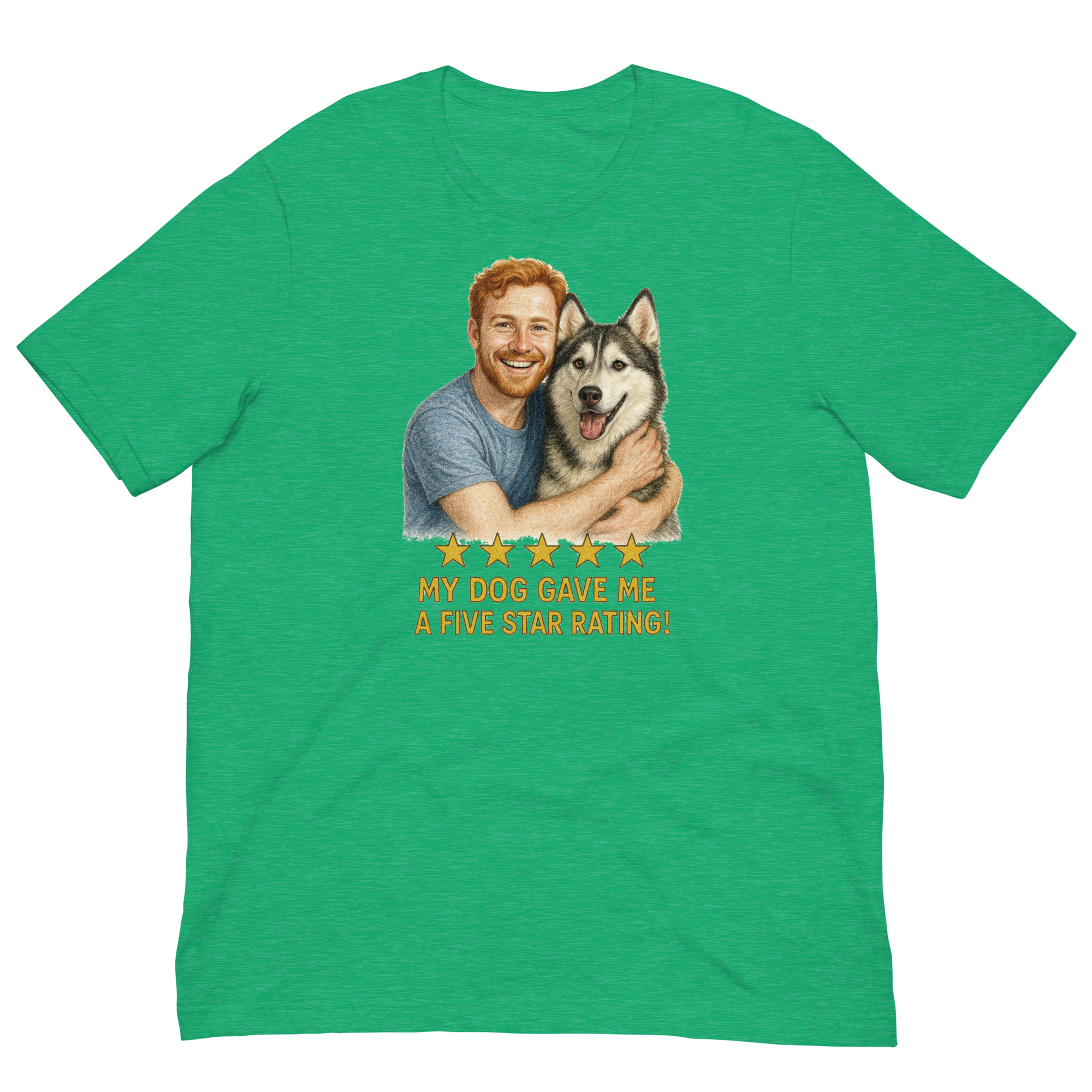 Red Hair Man with Alaskan Husky graphic tee.