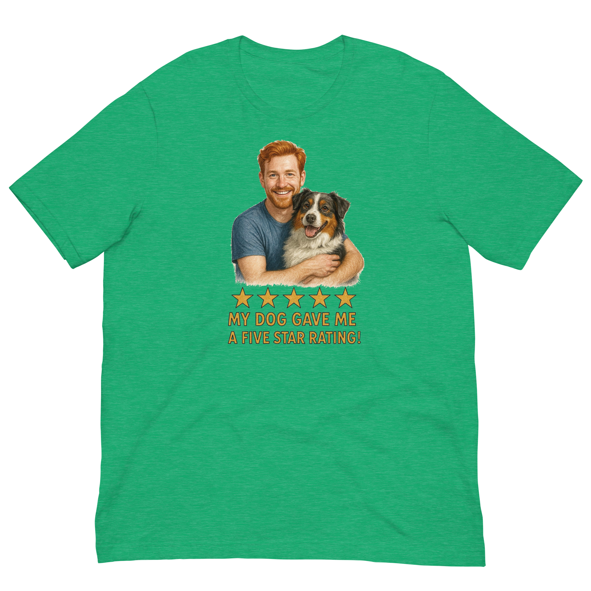 Red Hair Man with Australian Shepherd graphic tee.