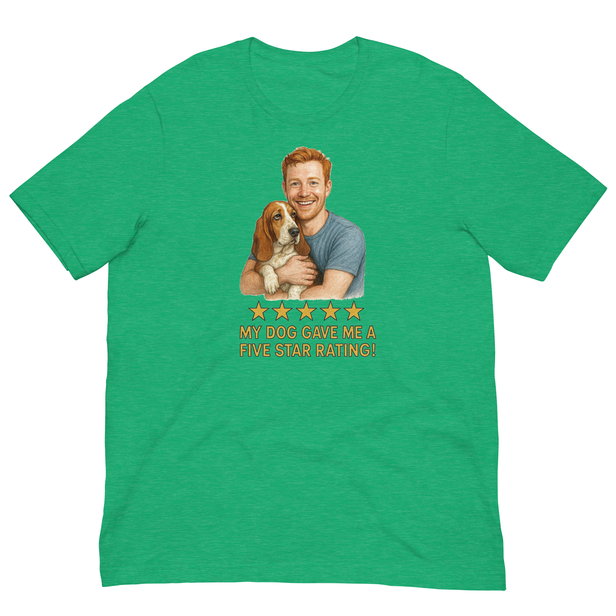 Red Hair Man with Basset Hound graphic tee.