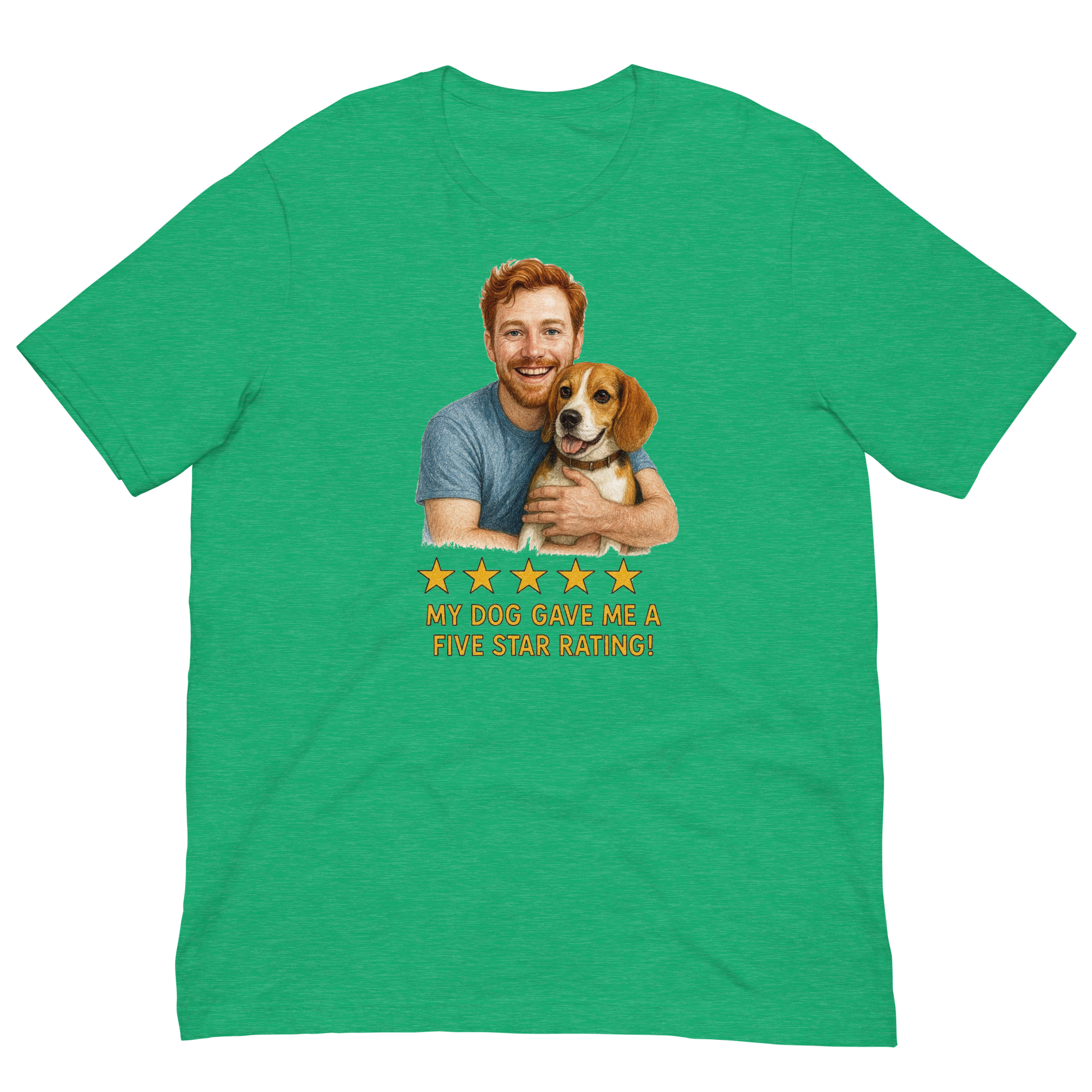 Red Hair Man with Beagle graphic tee.