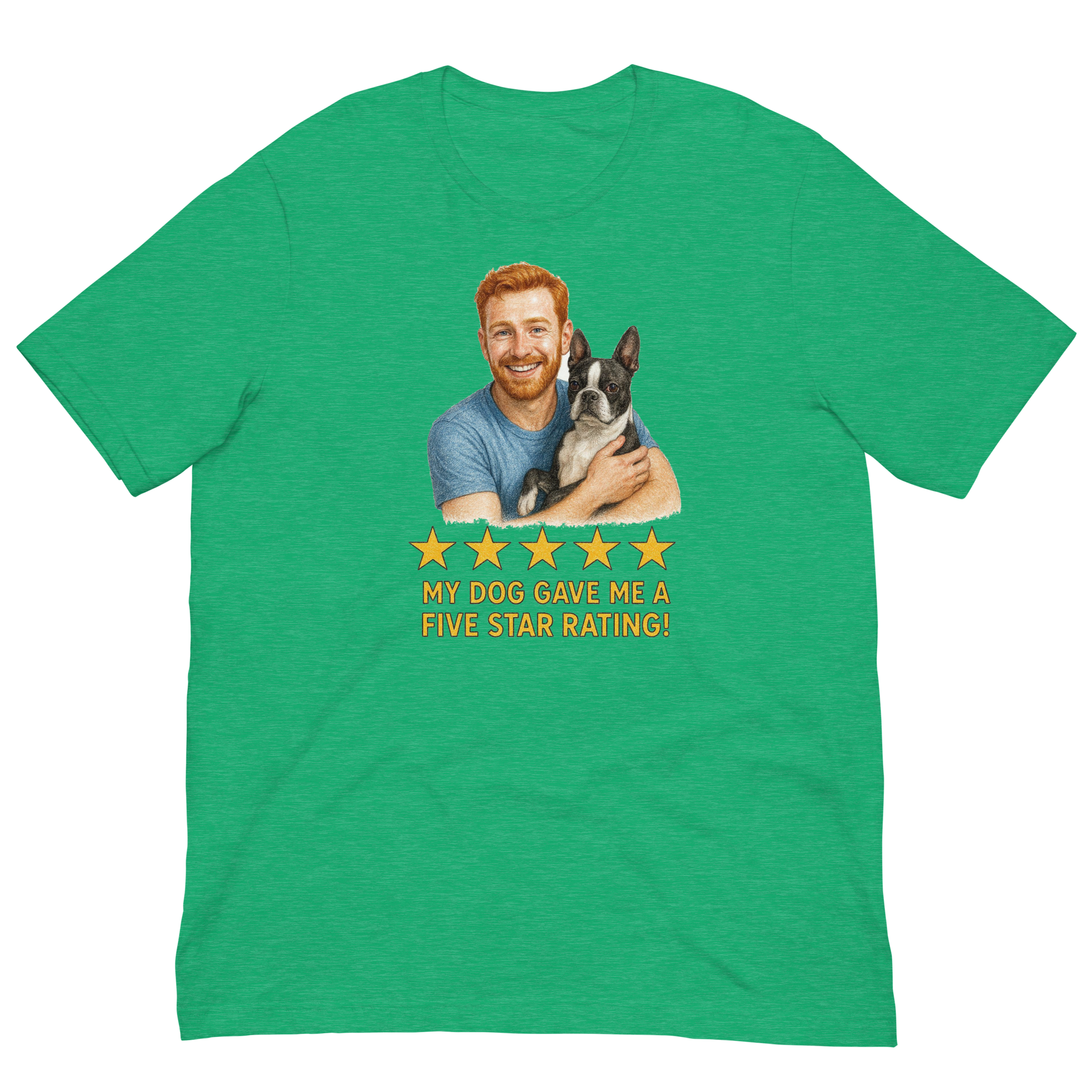 Red Hair Man with Boston Terrier graphic tee.