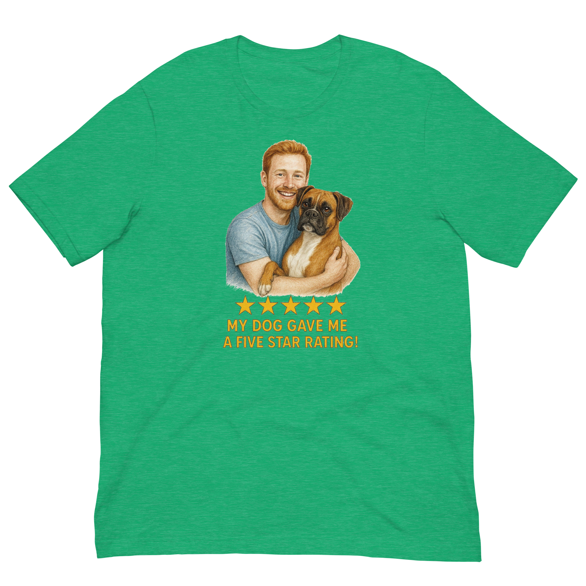 Red Hair Man with Boxer graphic tee.