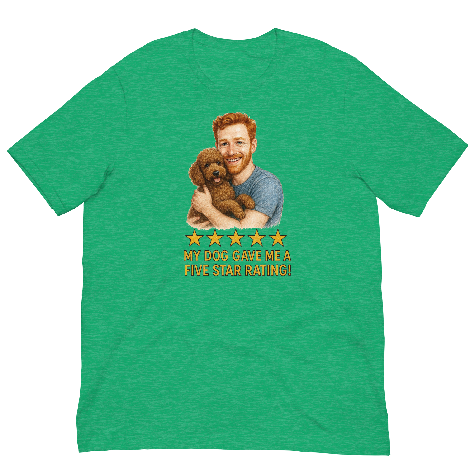 Red Hair Man with Brown Poodle graphic tee.