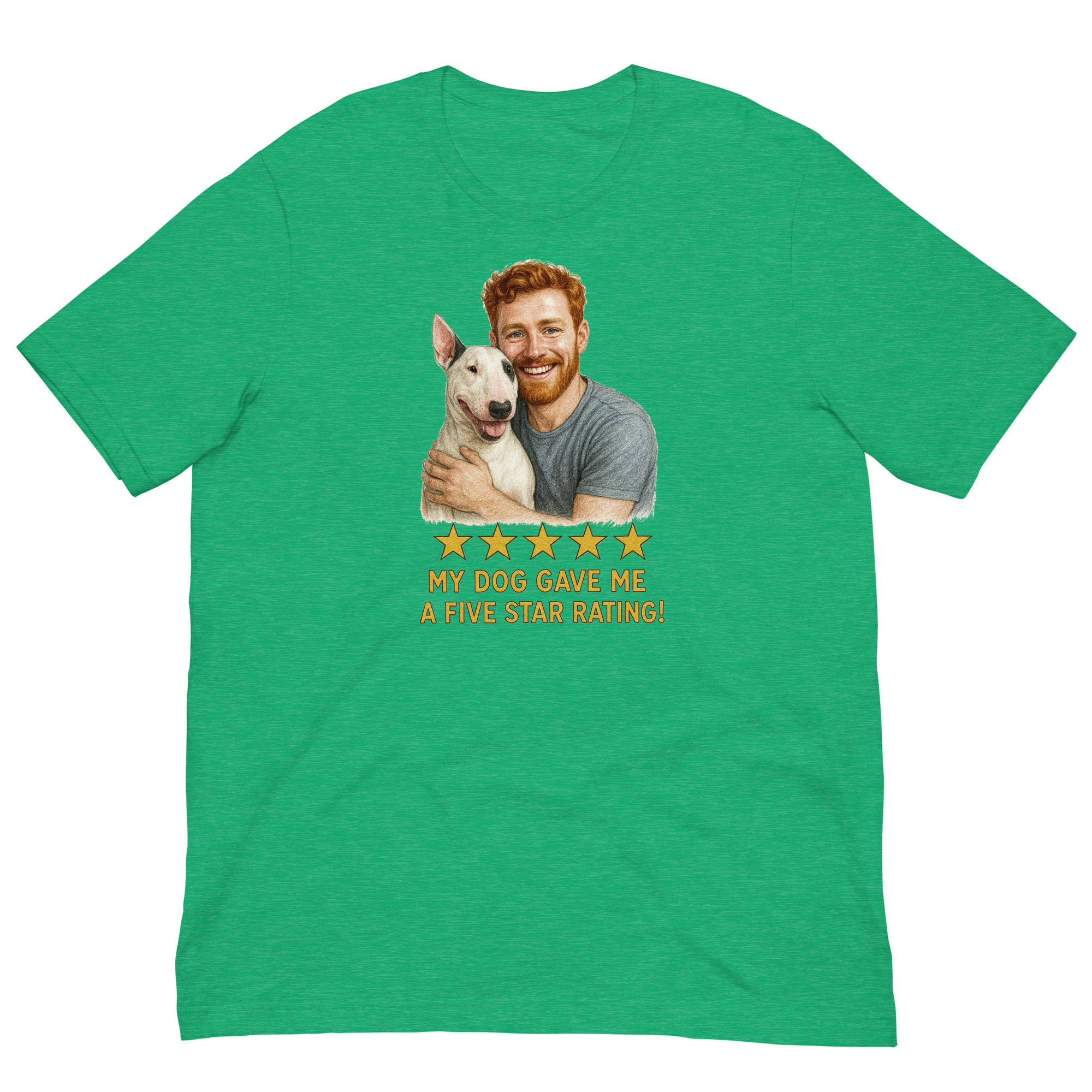 Red Hair Man with Bull Terrier graphic tee.