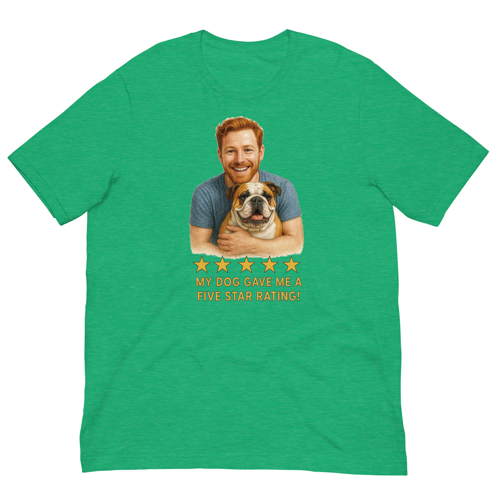 Red Hair Man with Bulldog graphic tee.