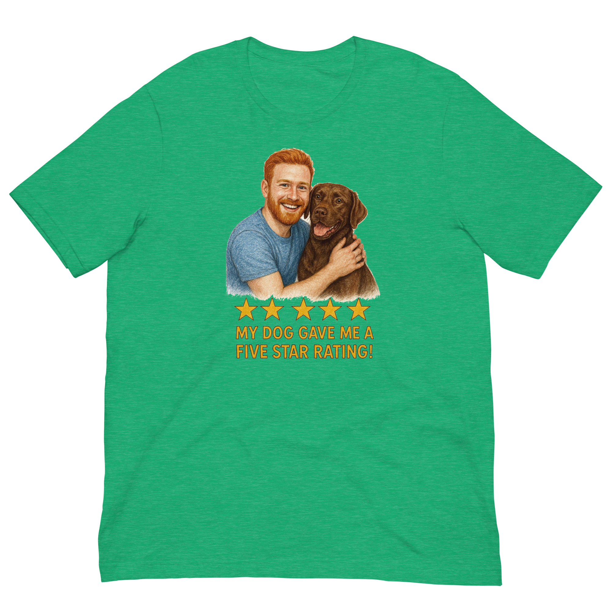 Red Hair Man with Chocolate Labrador graphic tee.