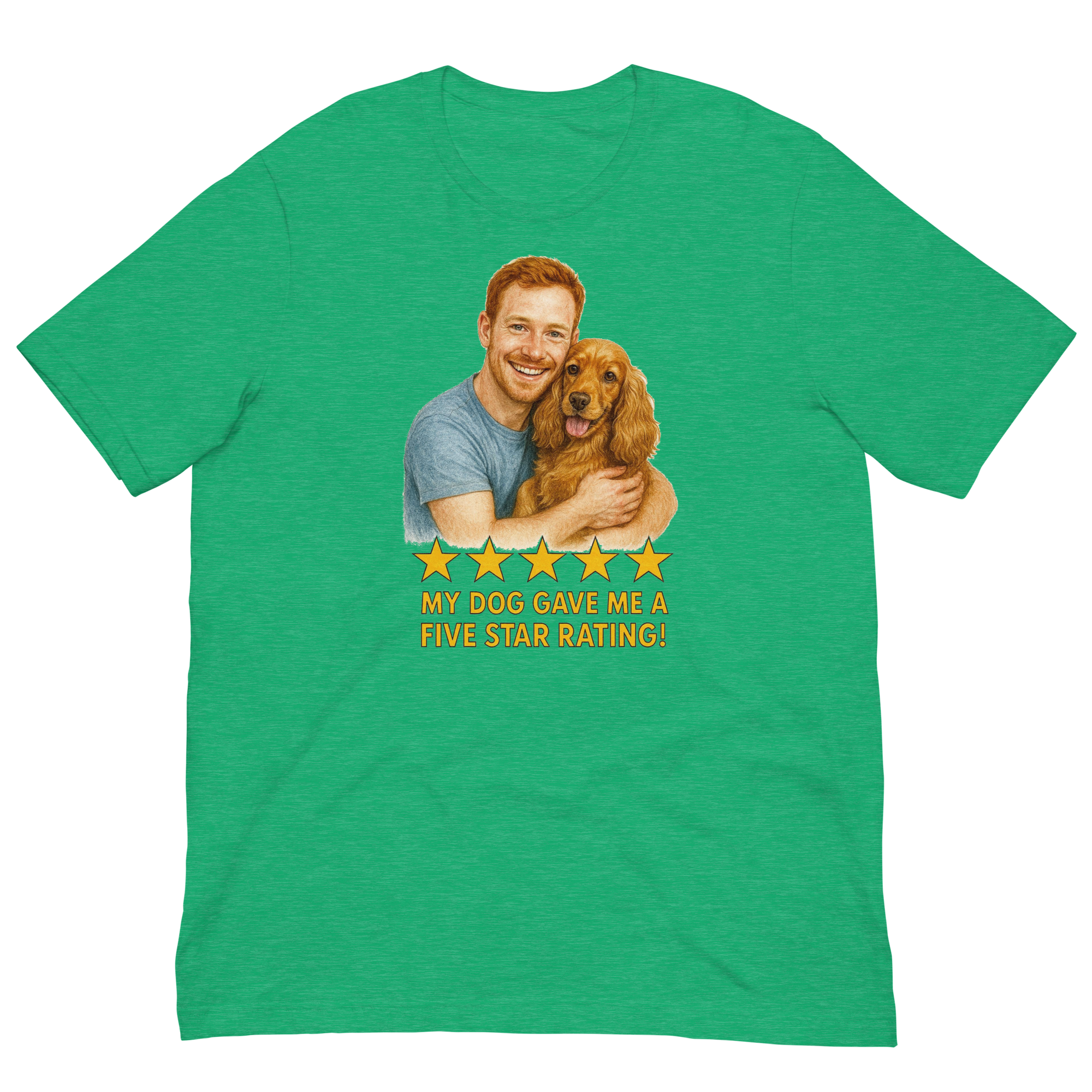 Red Hair Man with Cocker Spaniel graphic tee.
