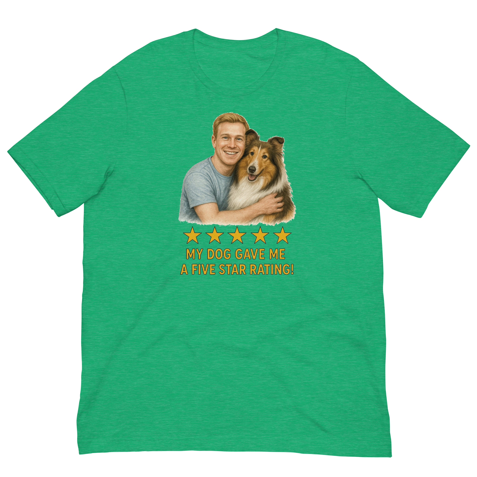 Red Hair Man with Collie graphic tee.
