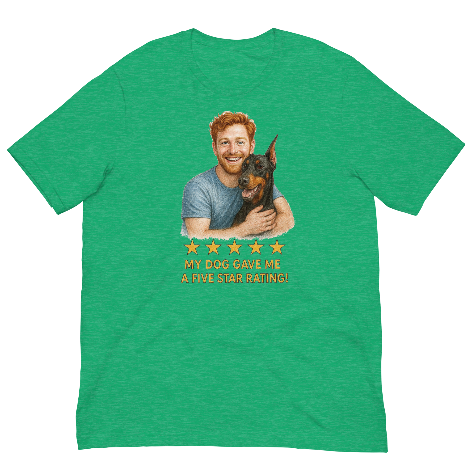 Red Hair Man with Doberman Pinscher graphic tee.