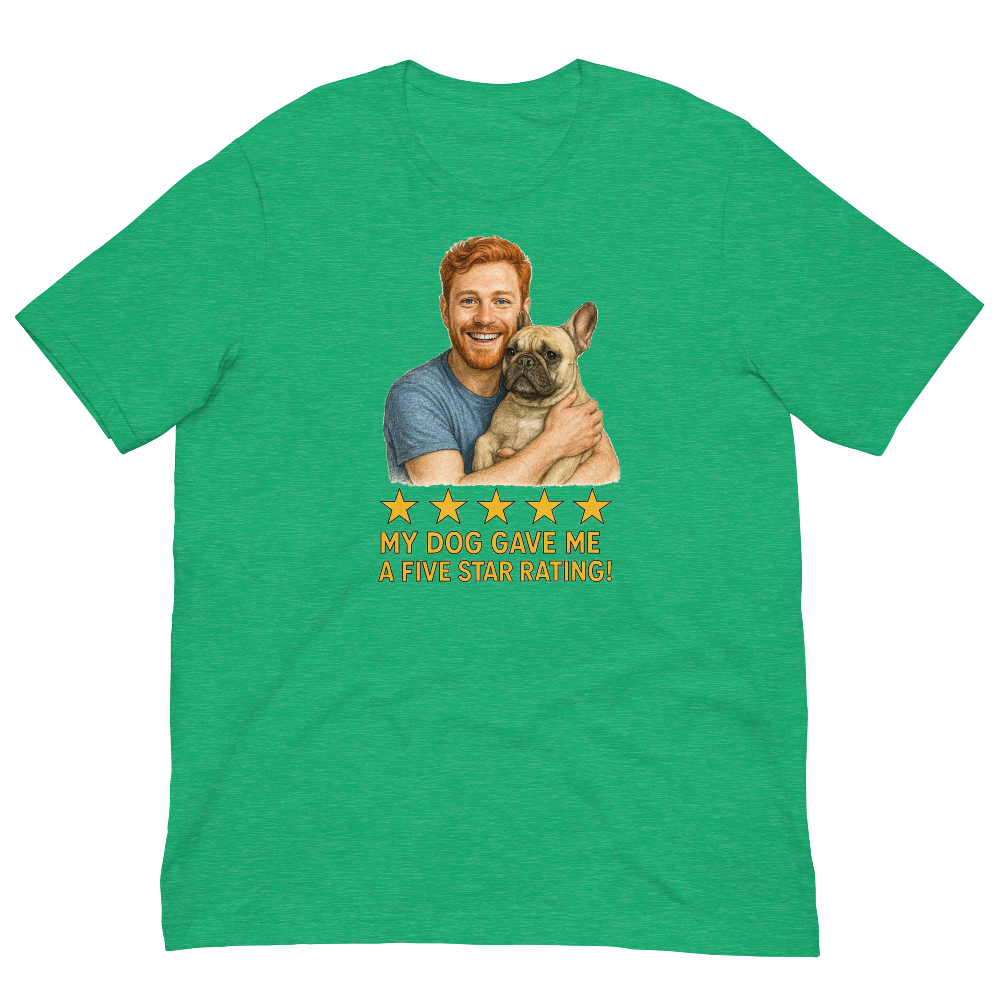 Red Hair Man with French Bulldog graphic tee.