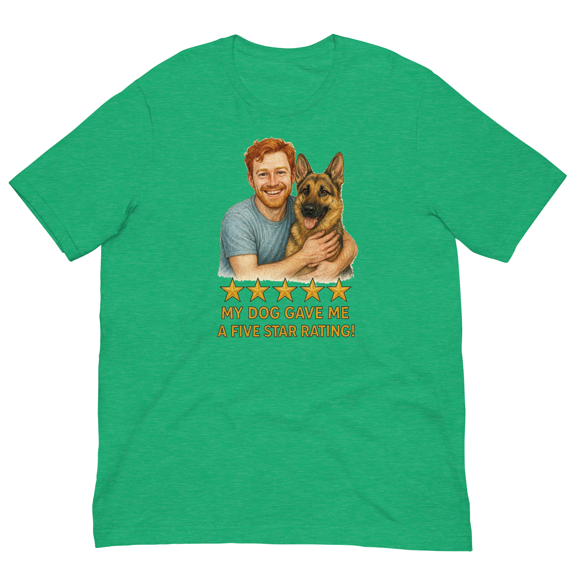 Red Hair Man with German Shepherd graphic tee.