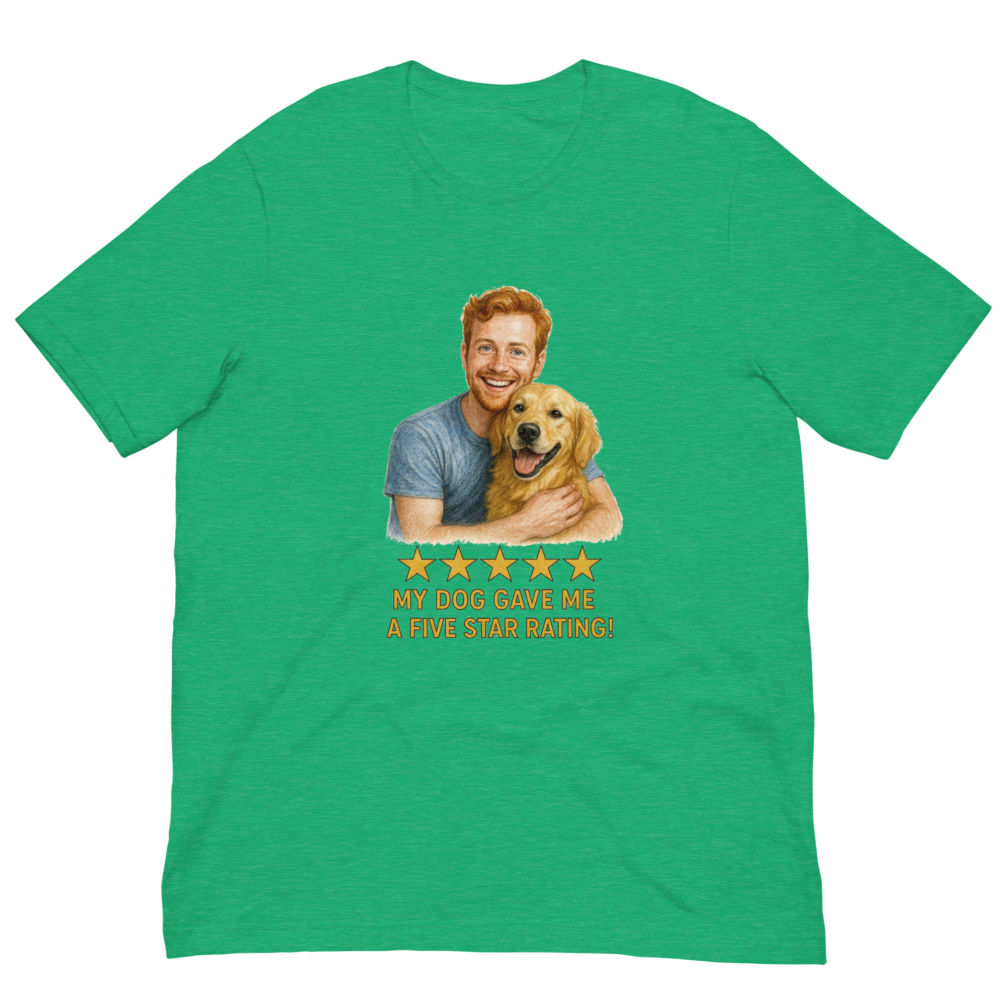 Red Hair Man with Golden Retriever graphic tee.