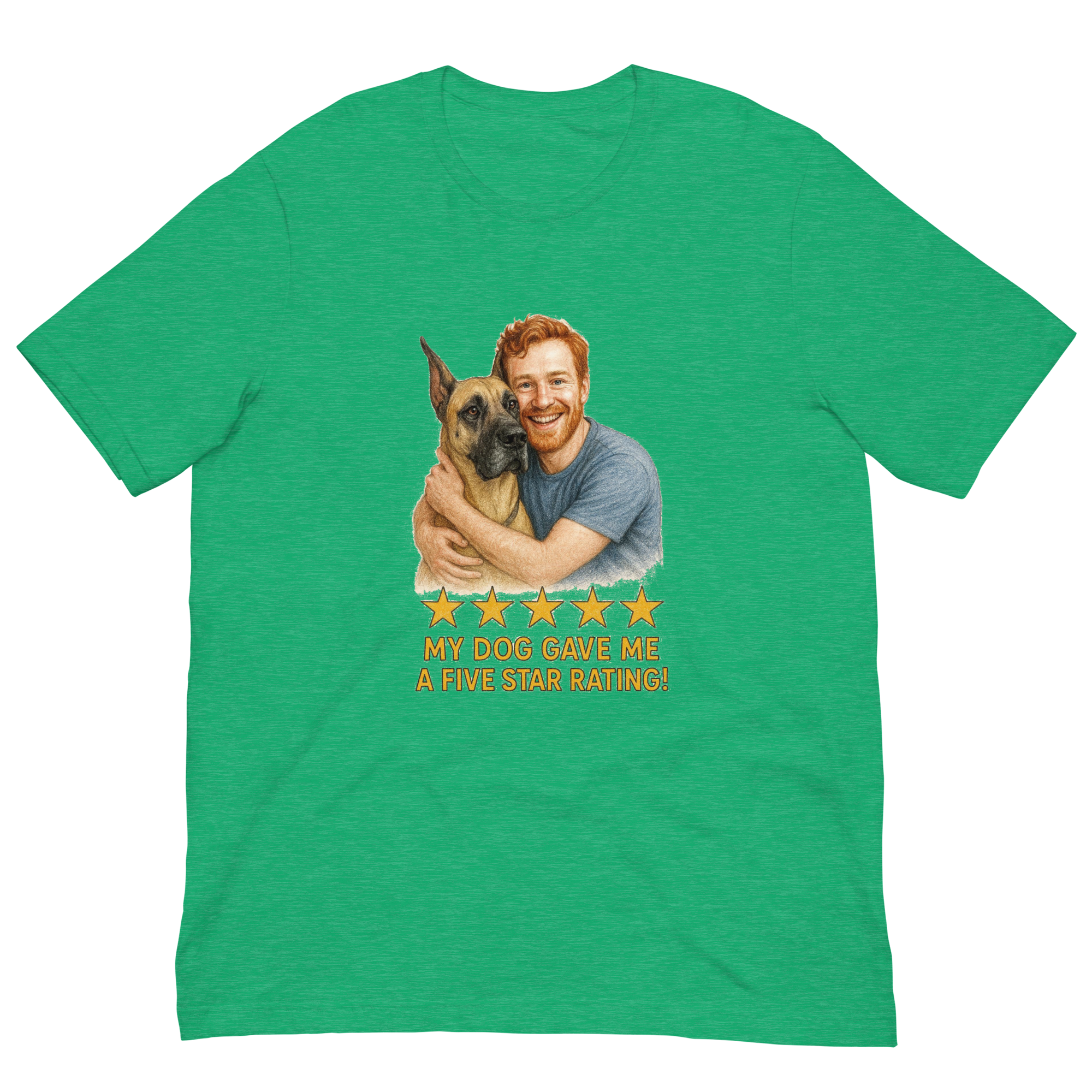 Red Hair Man with Great Dane graphic tee.