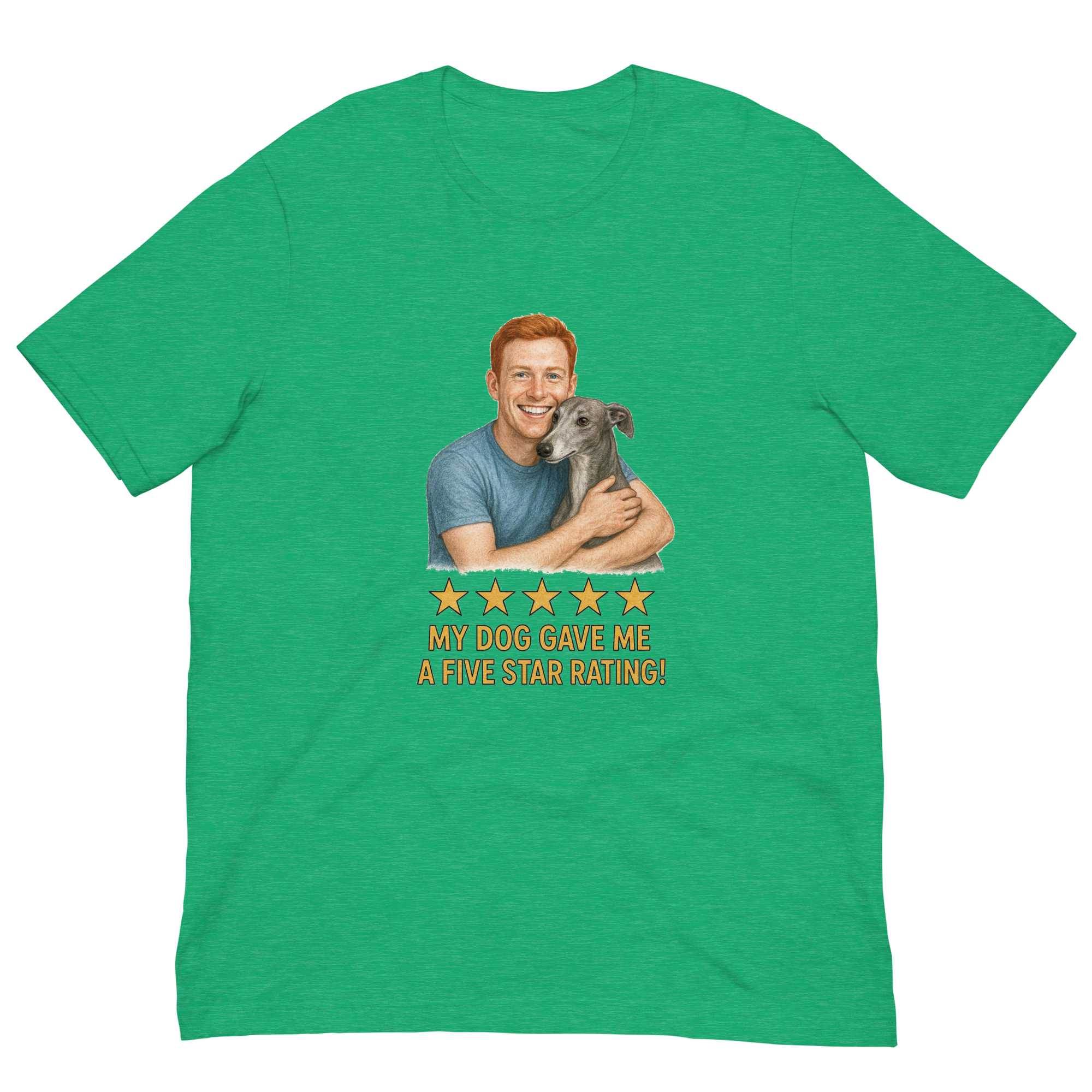 Red Hair Man with Greyhound graphic tee.