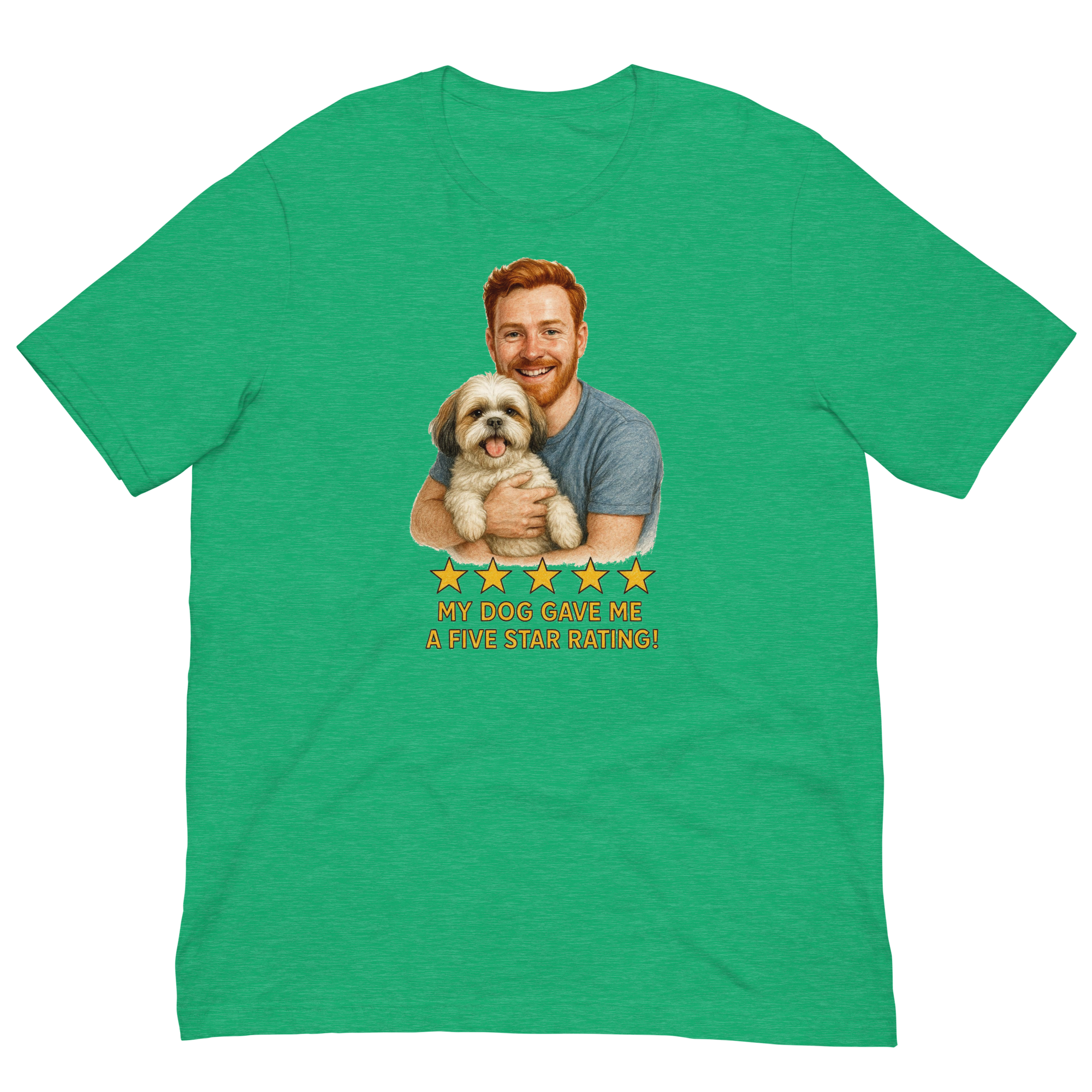 Red Hair Man with Shih Tzu graphic tee.