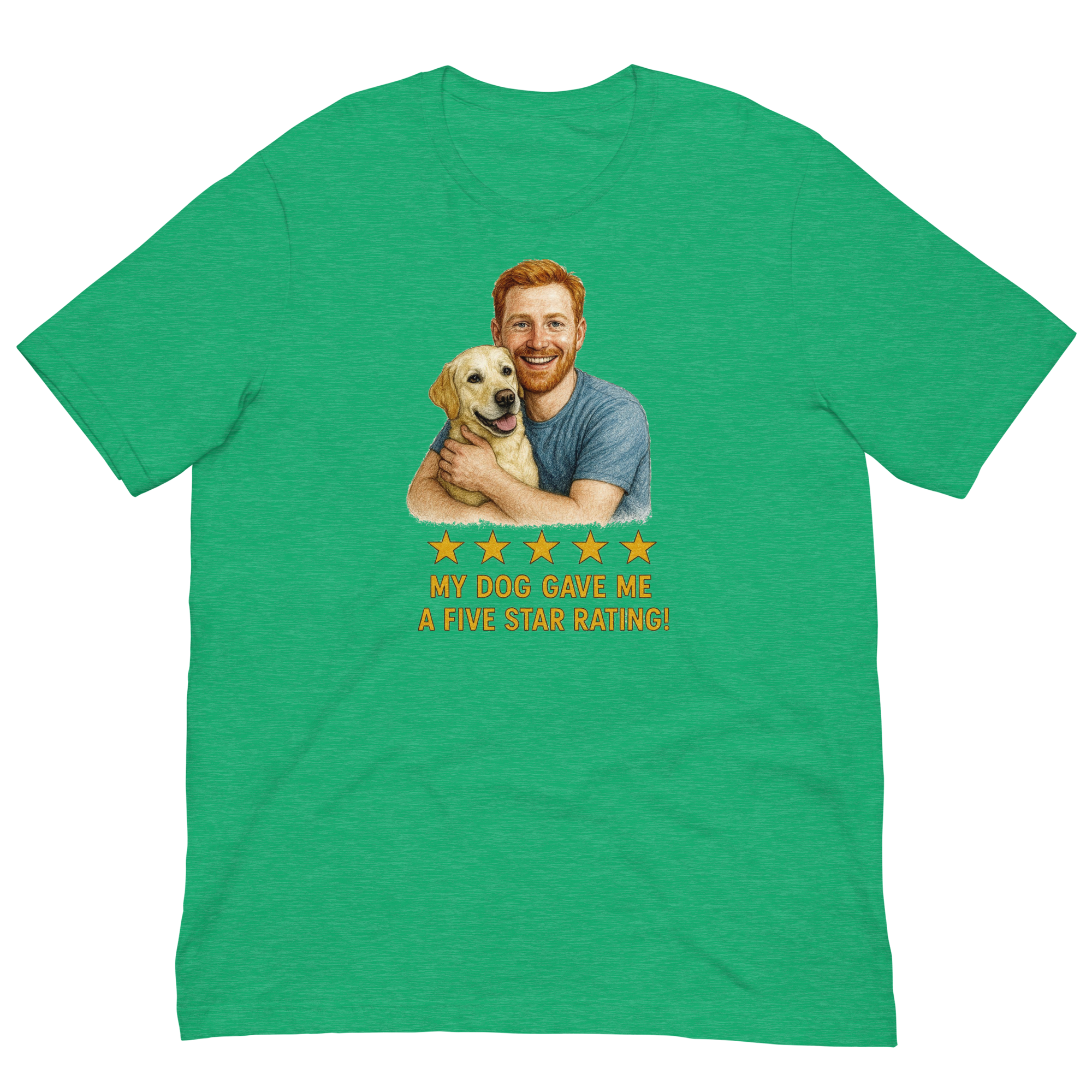 Red Hair Man with Yellow Labrador graphic tee.