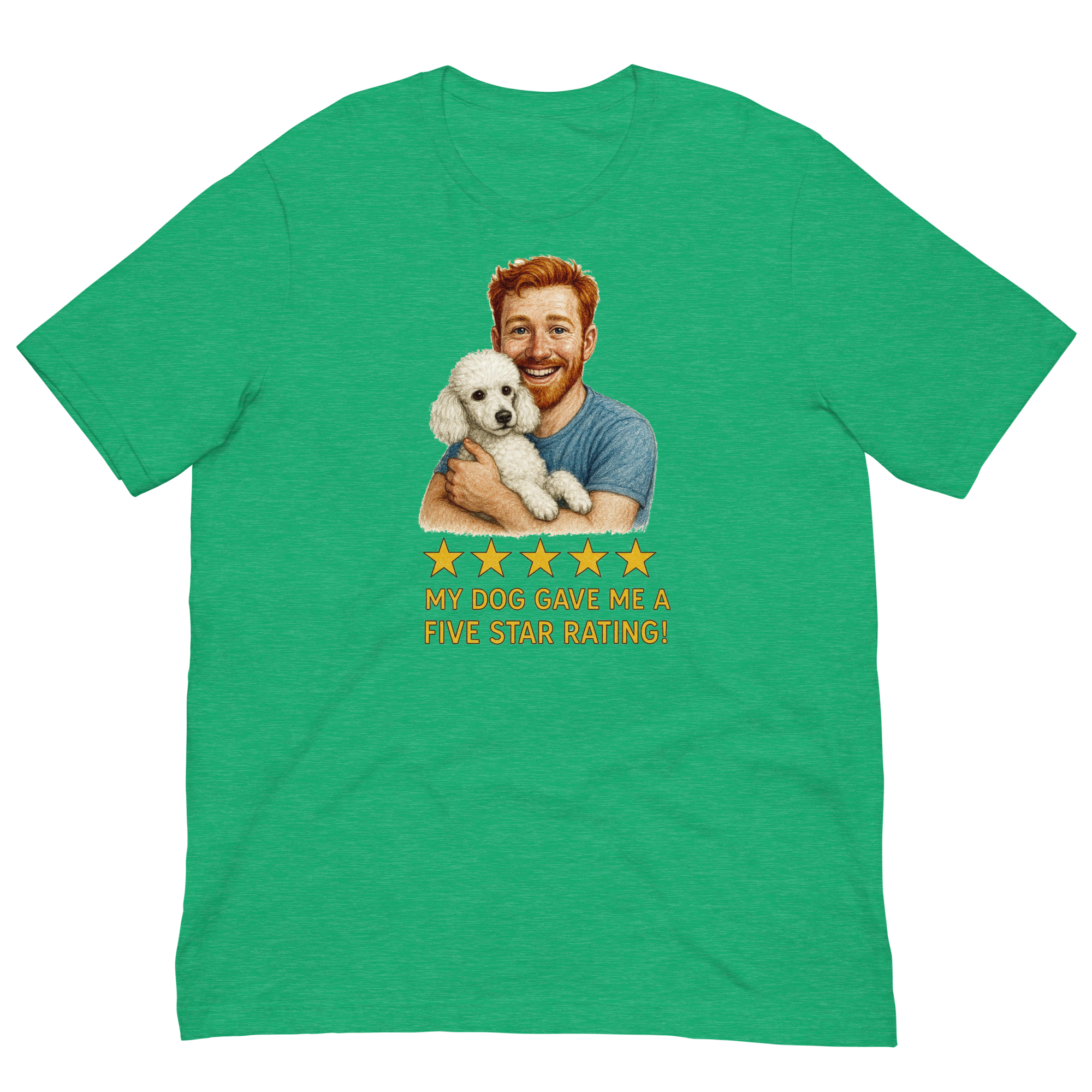 Red Hair Man with White Poodle graphic tee.