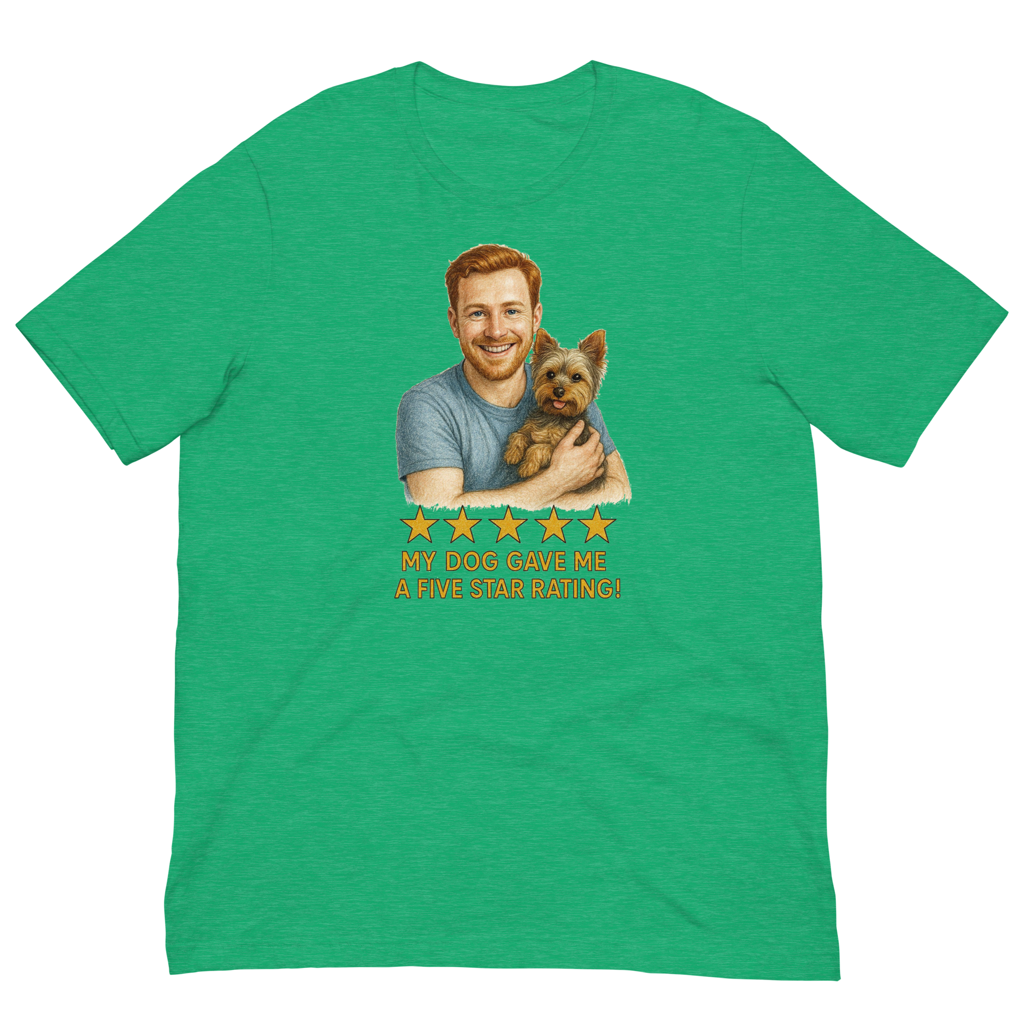 Red Hair Man with Yorkie graphic tee.