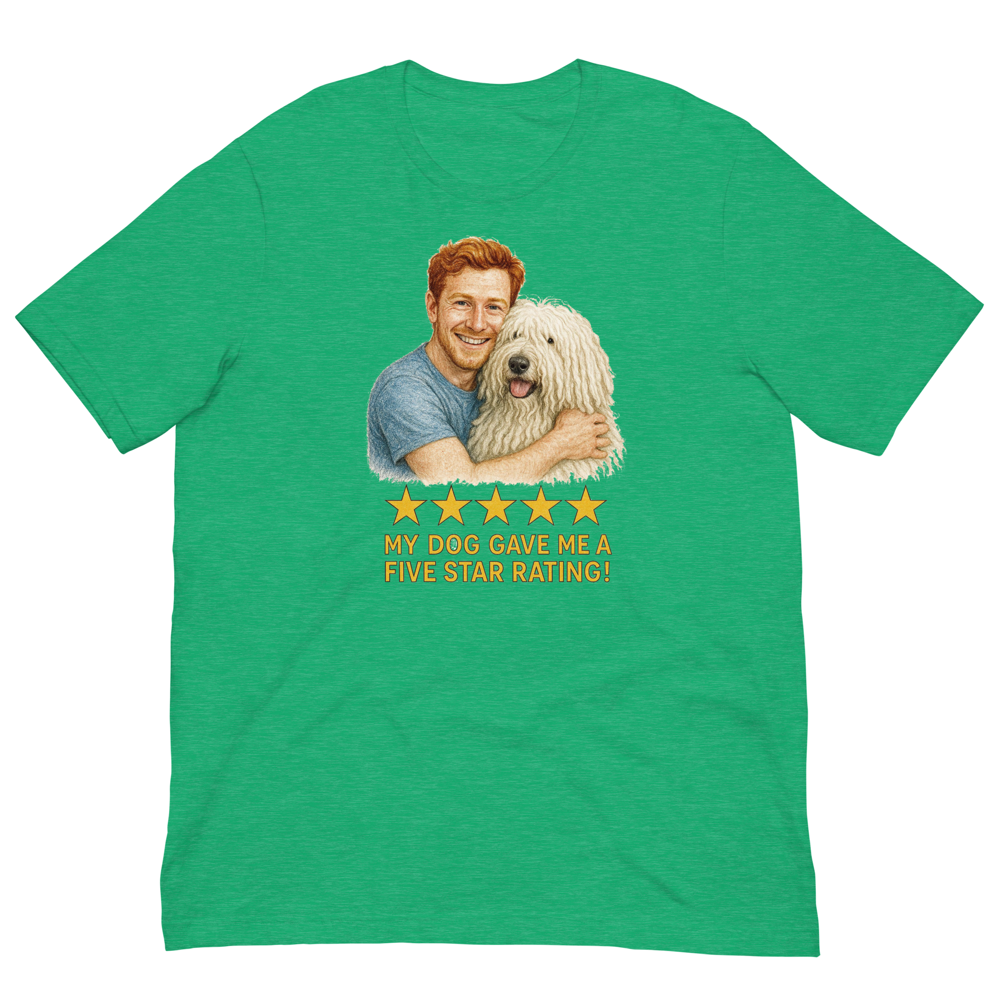 Red Hair Man with Komondor graphic tee.