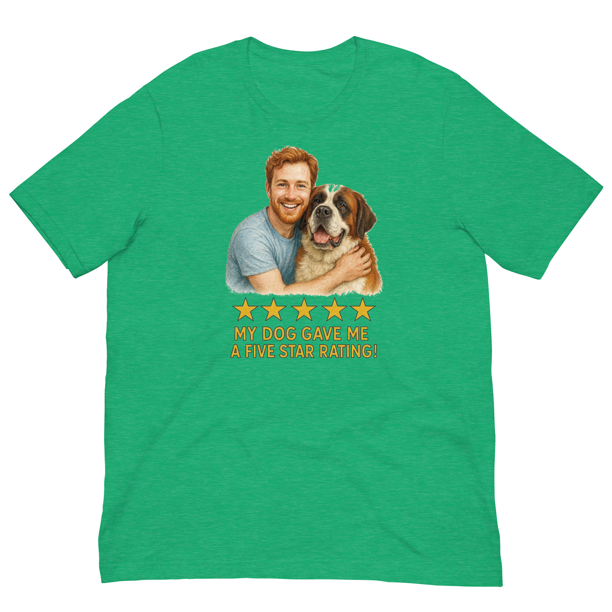 Red Hair Man with Saint Bernard graphic tee.