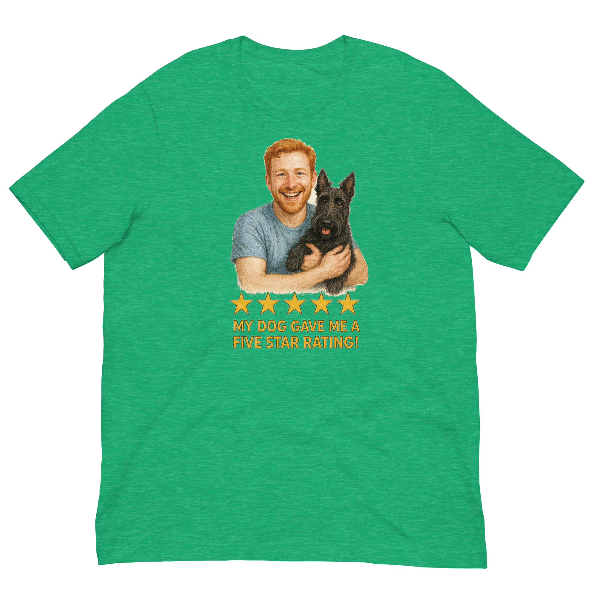 Red Hair Man with Scottie graphic tee.