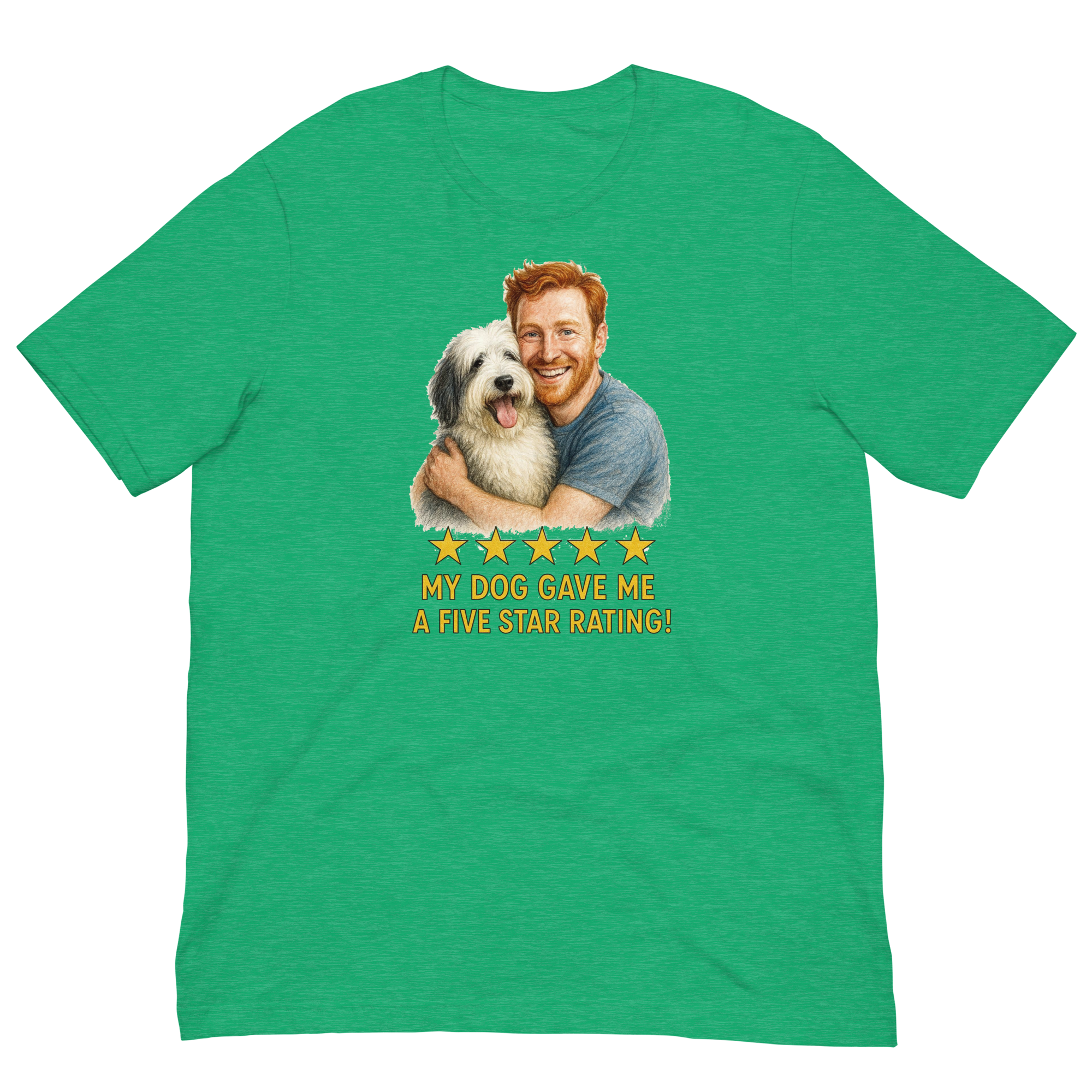 Red Hair Man with Sheepdog graphic tee.