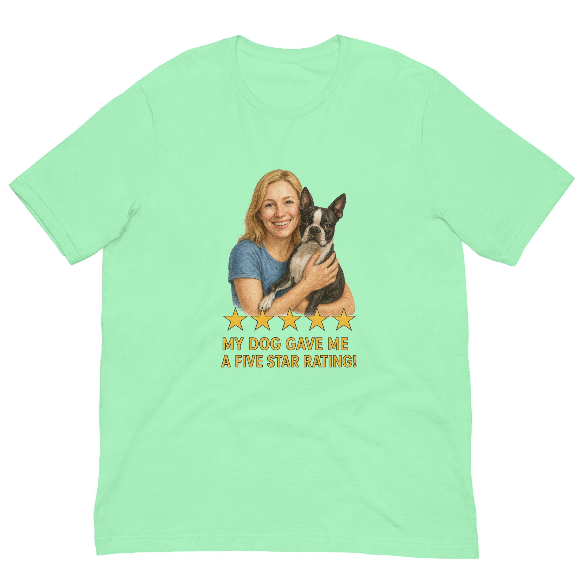 Blonde Woman with Boston Terrier graphic tee - mint