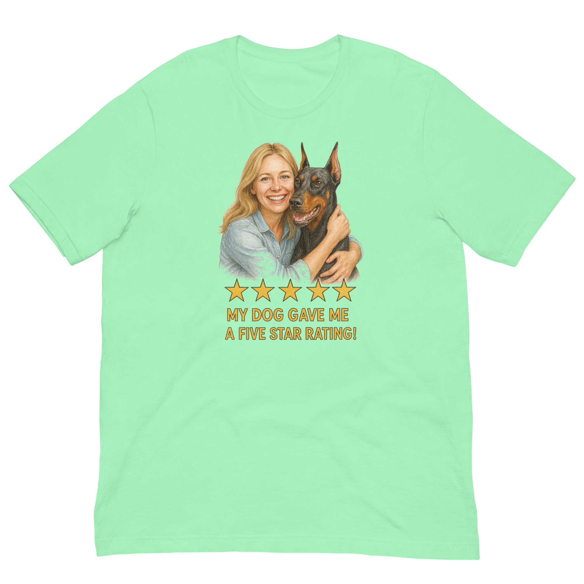 Blonde Woman with Doberman Pinscher graphic tee - mint