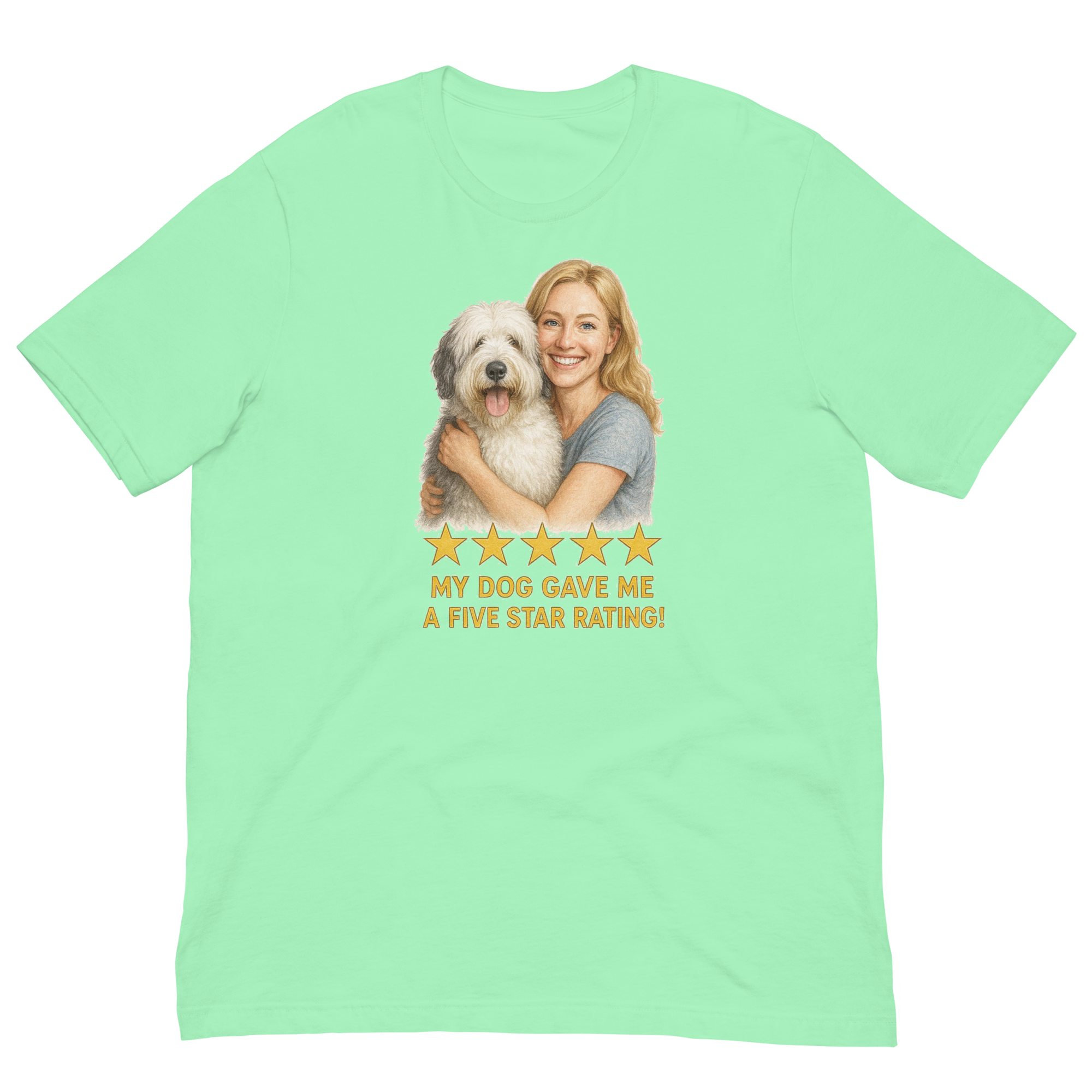 Blonde Woman with Sheepdog graphic tee - mint