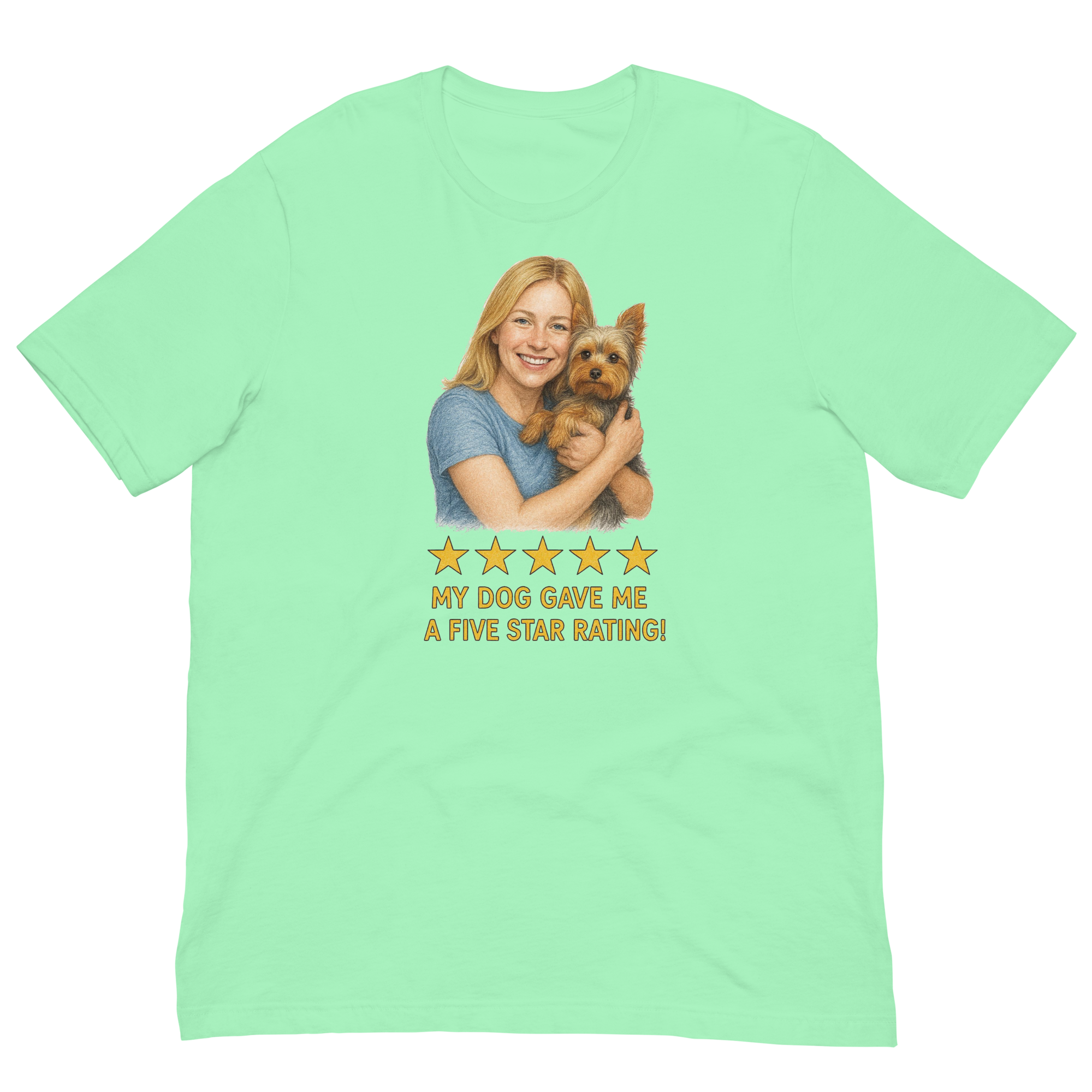 Blonde Woman with Yorkie graphic tee - mint