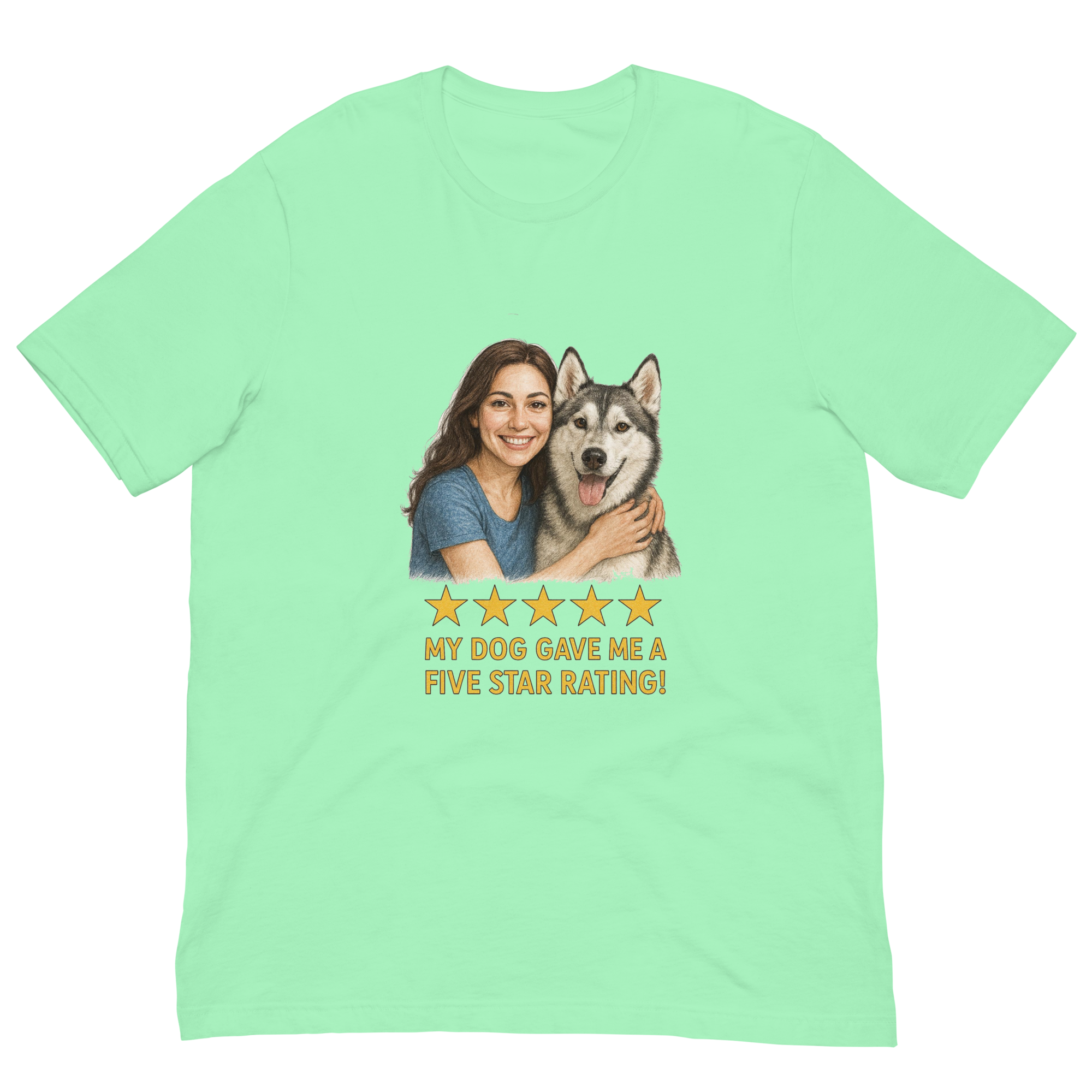 Brunette Woman with Alaskan Husky graphic tee - mint