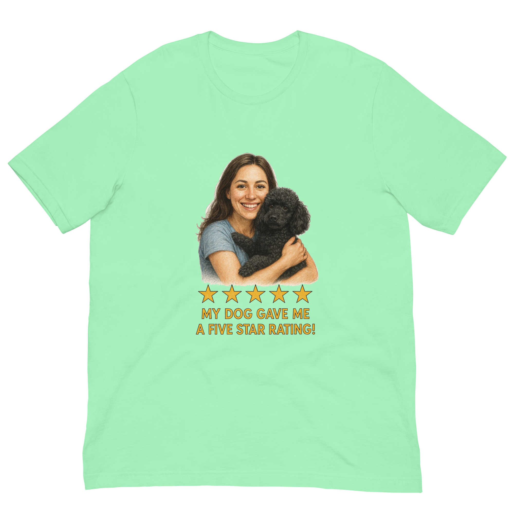 Brunette Woman with Black Poodle graphic tee - mint