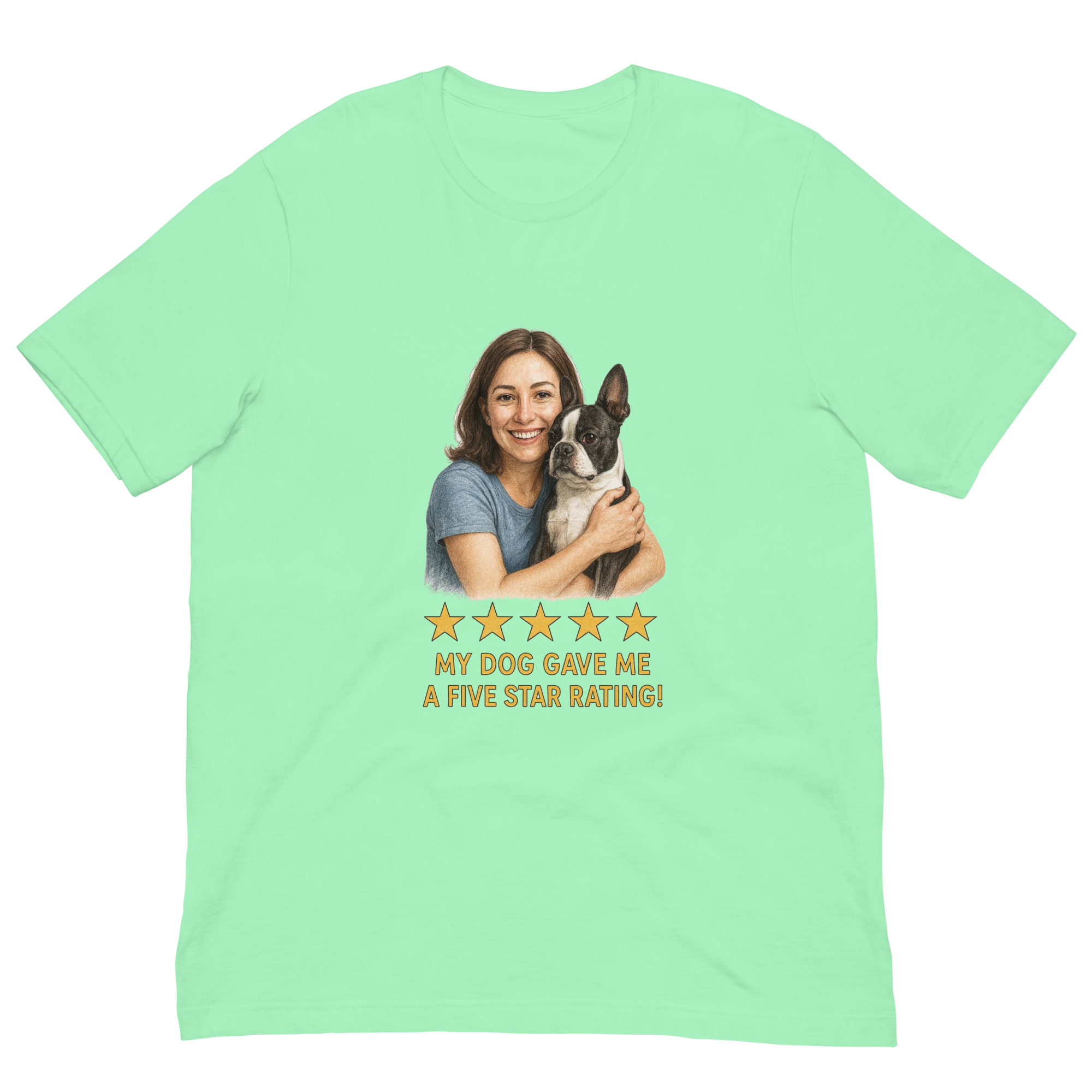 Brunette Woman with Boston Terrier graphic tee - mint