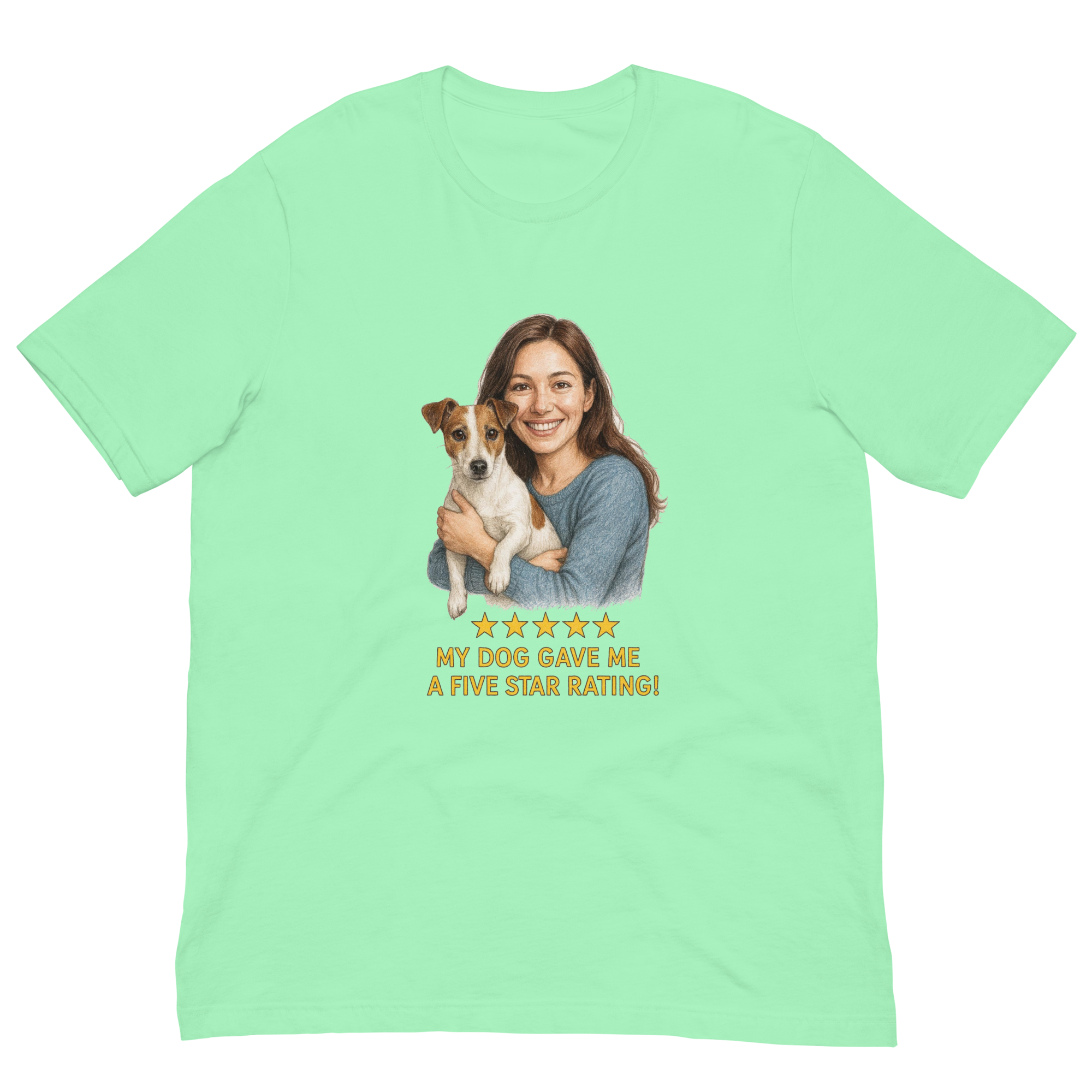 Brunette Woman with Jack Russell Terrier graphic tee - mint