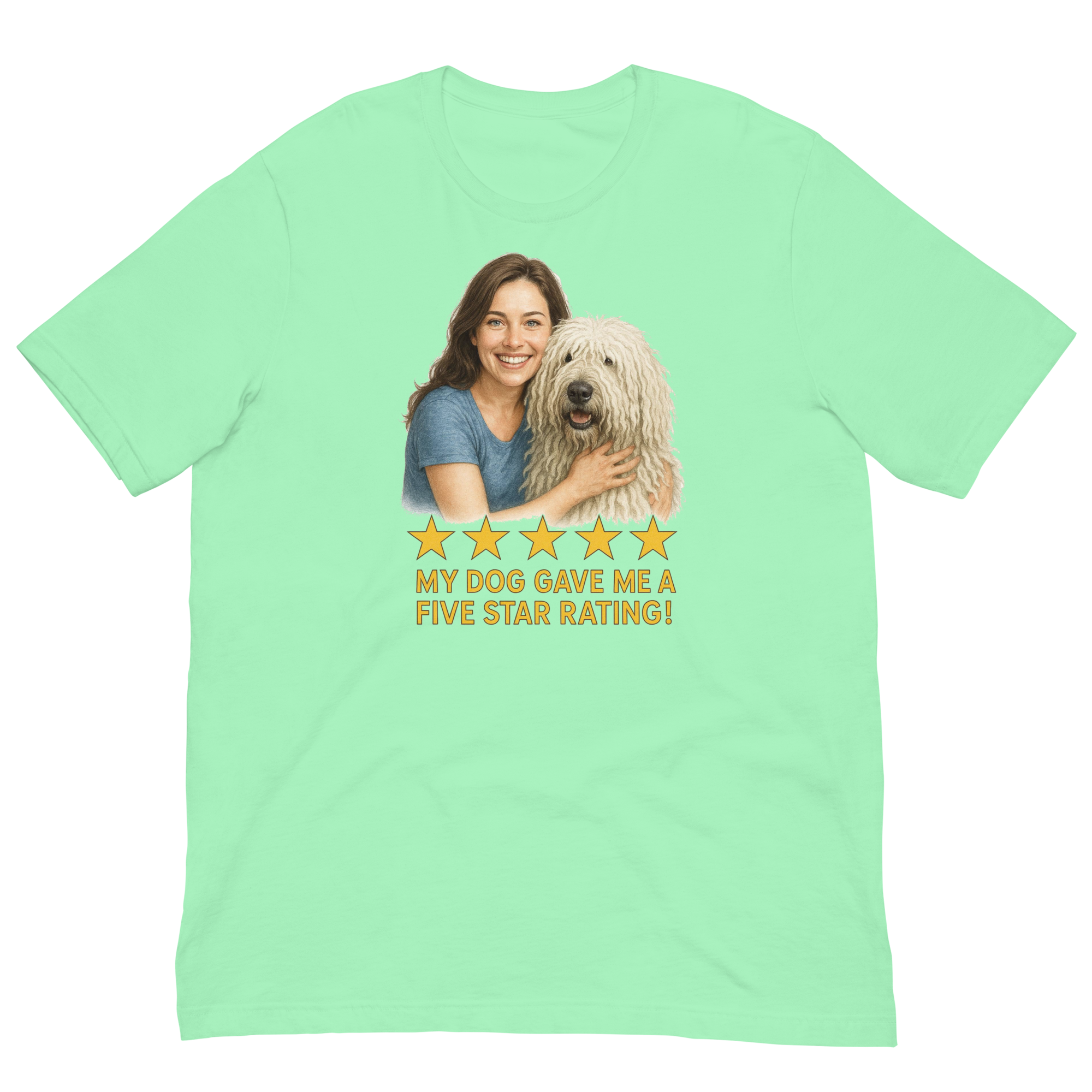 Brunette Woman with Komondor graphic tee - mint