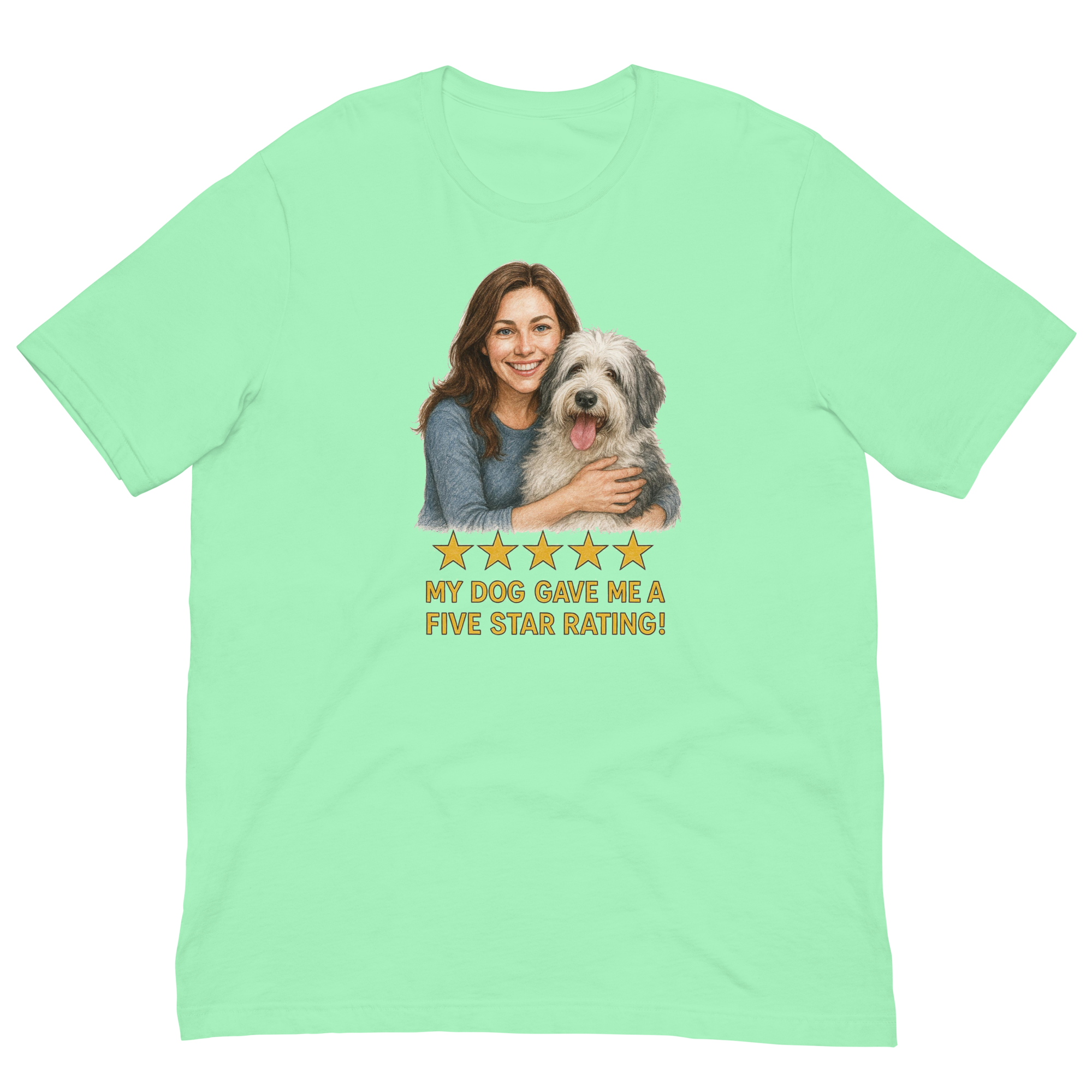 Brunette Woman with Sheepdog graphic tee - mint