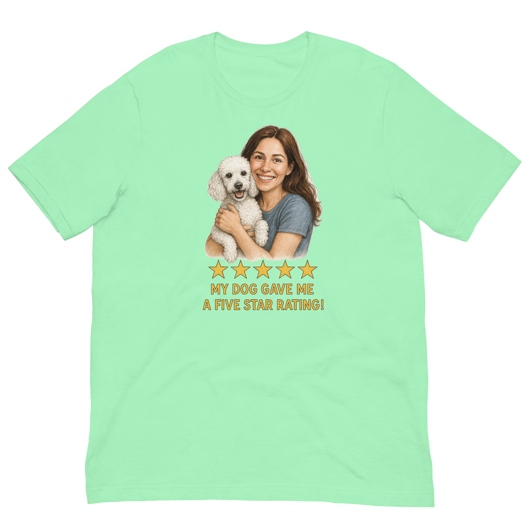 Brunette Woman with White Poodle graphic tee - mint