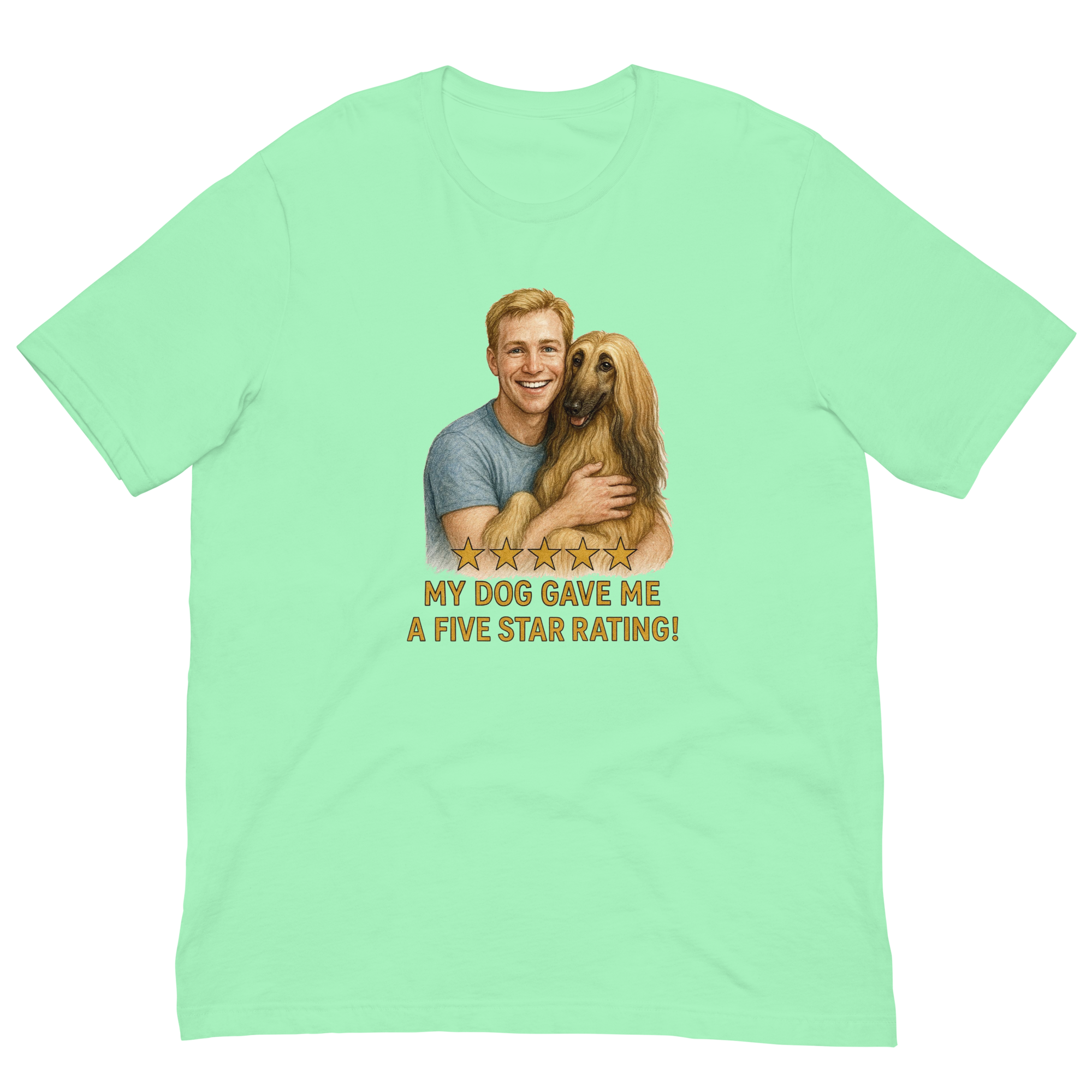 Blonde Man with Afghan Hound graphic tee.