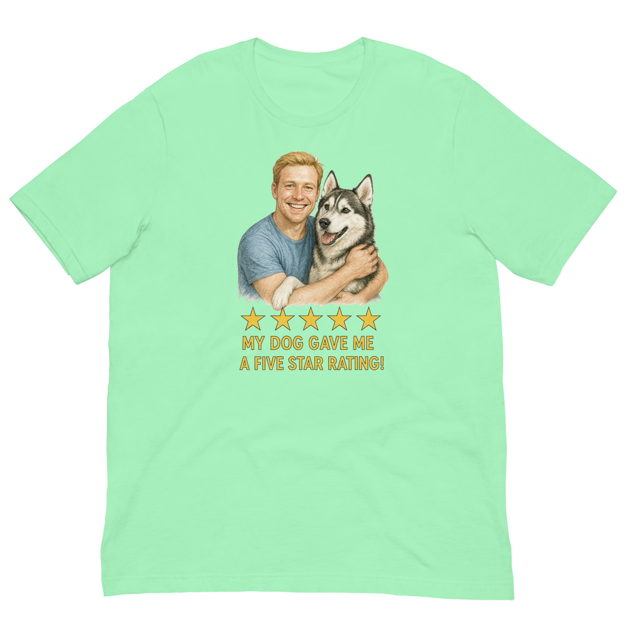 Blonde Man with Alaskan Husky graphic tee.