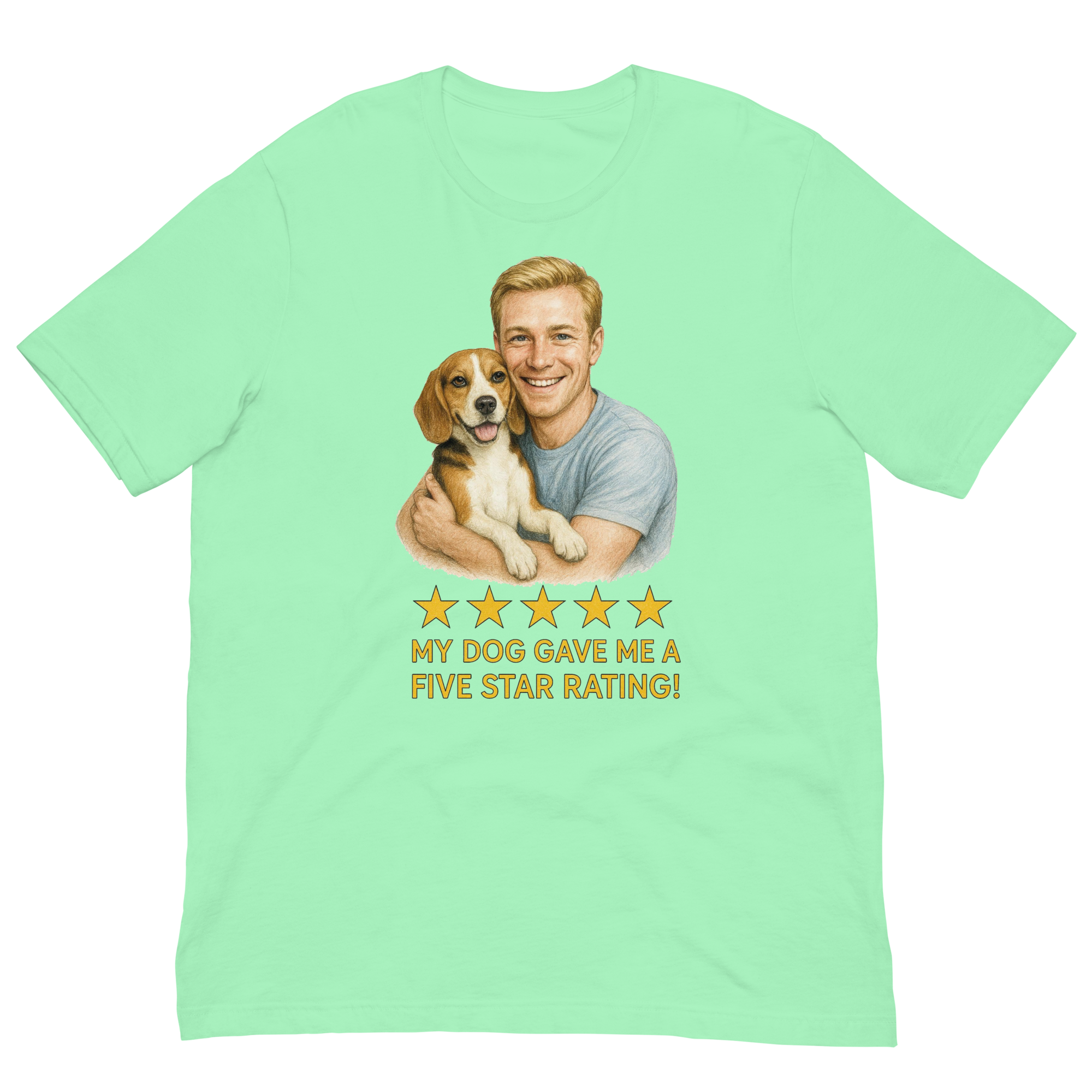 Blonde Man with Beagle graphic tee.