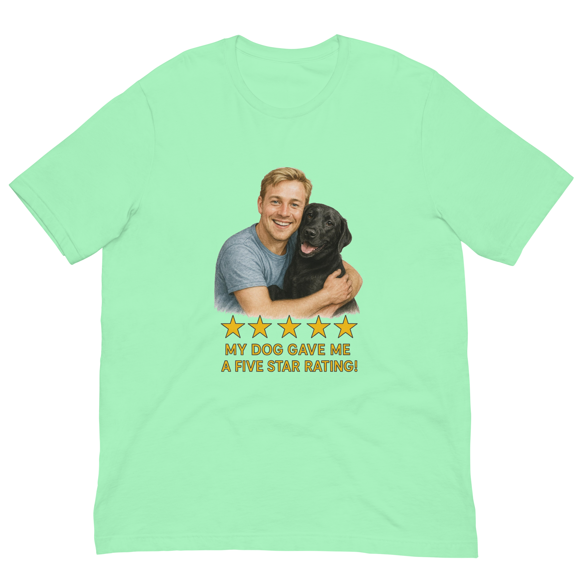 Blonde Man with Black Labrador graphic tee.
