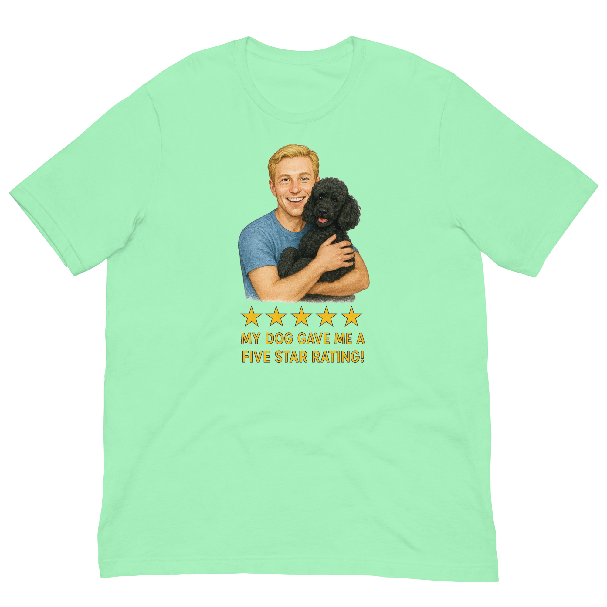 Blonde Man with Black Poodle graphic tee.