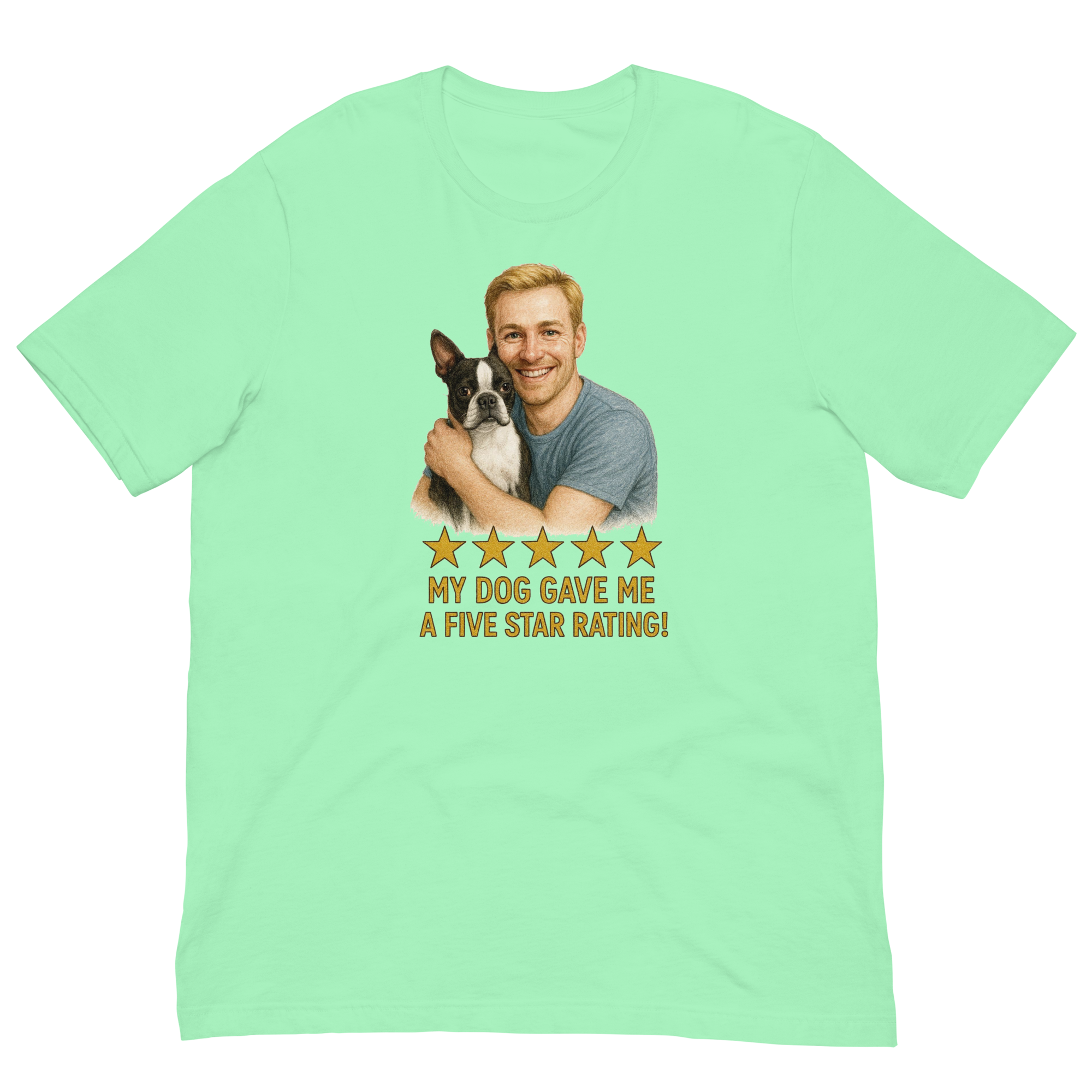Blonde Man with Boston Terrier graphic tee.