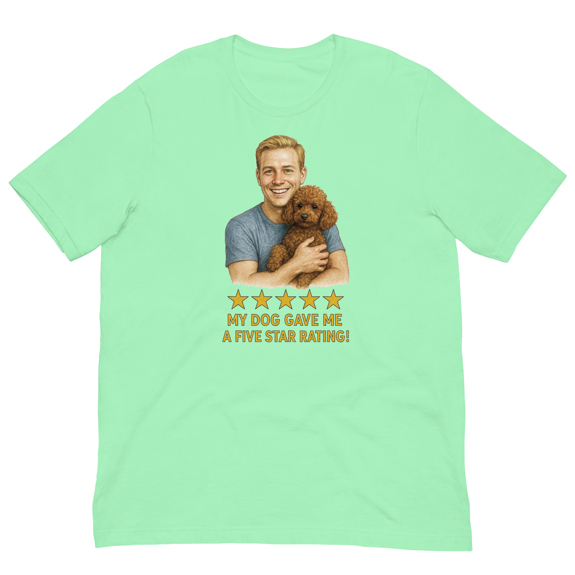 Blonde Man with Brown Poodle graphic tee.
