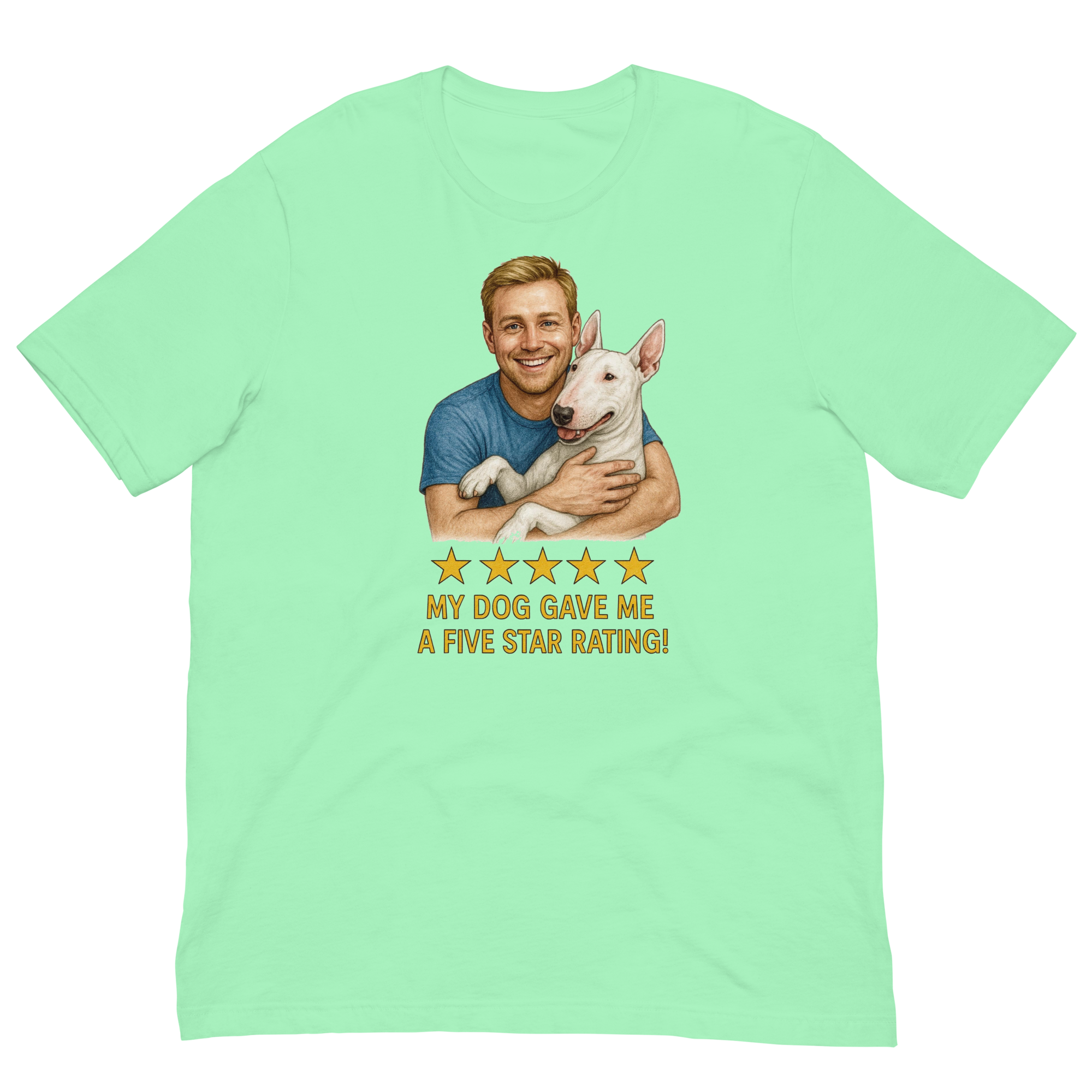 Blonde Man with Bull Terrier graphic tee.