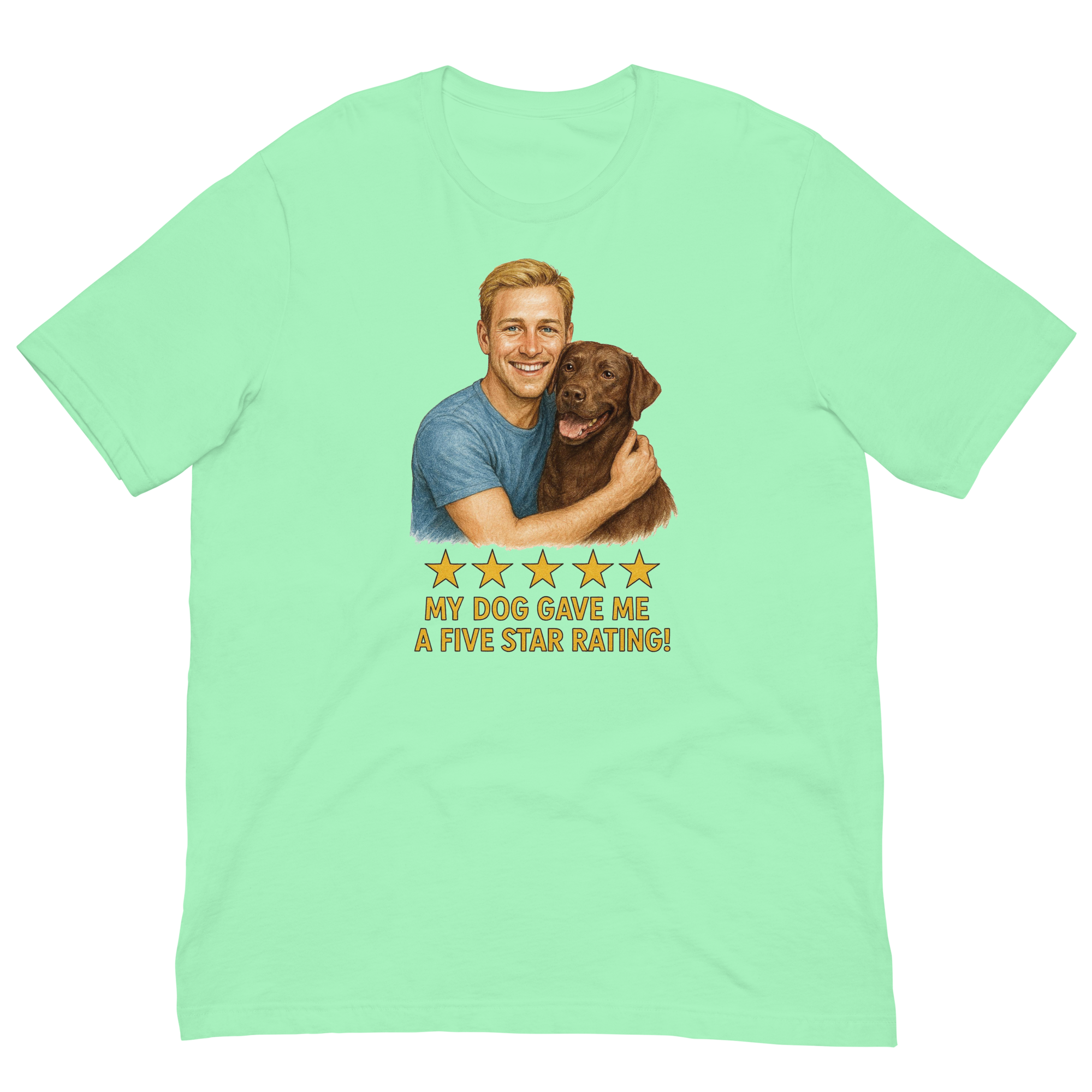 Blonde Man with Chocolate Labrador graphic tee.